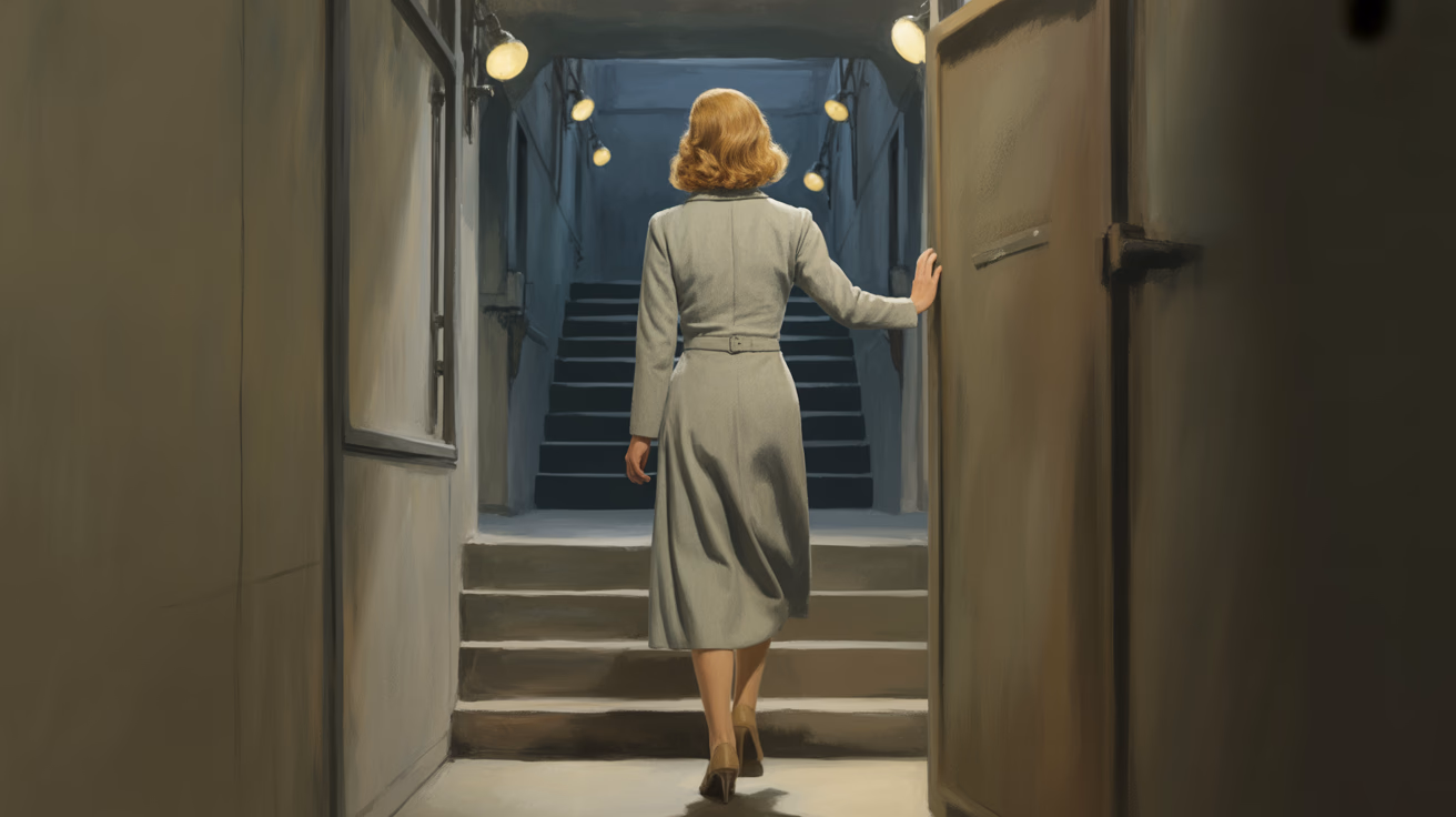 Eva Braun climbing the emergency stairwell in the Fuhrerbunker