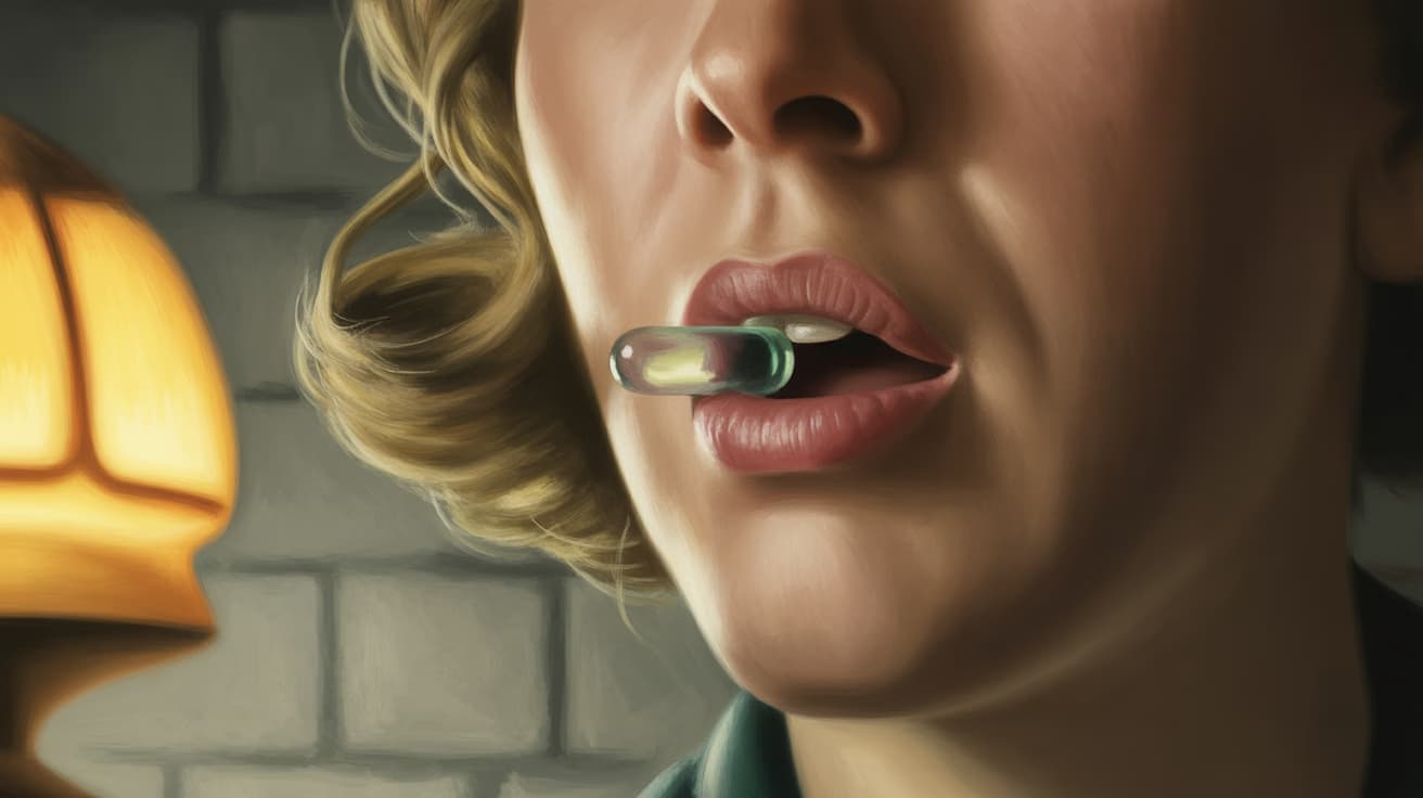 Eva Braun placing cyanide capsule between her lips in the bunker