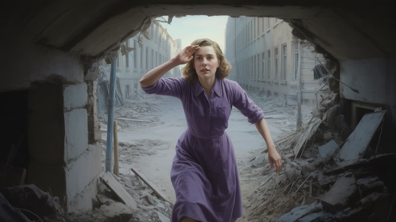 Traudl Junge escaping through the ruins of Berlin