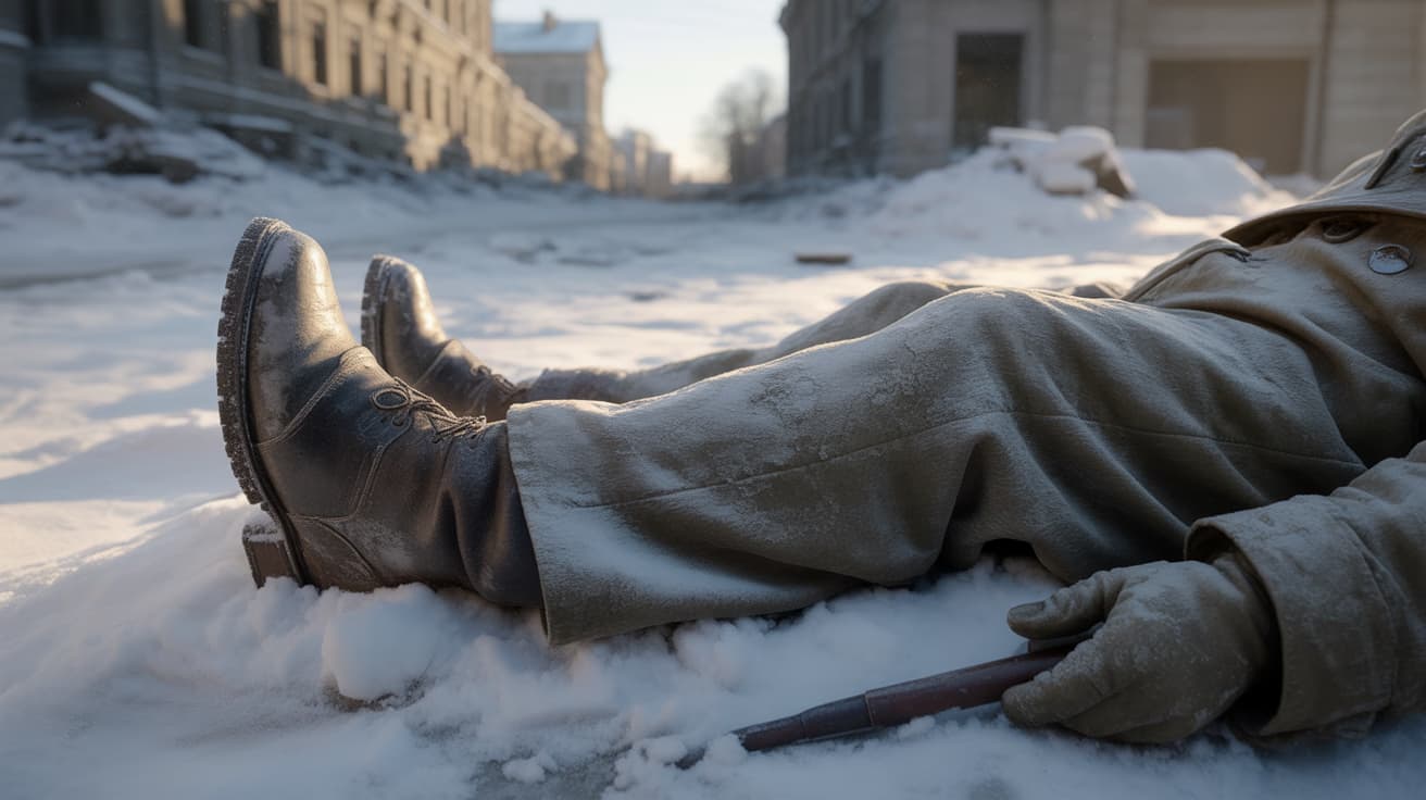 Frozen German soldier's body lying in the snow at Stalingrad