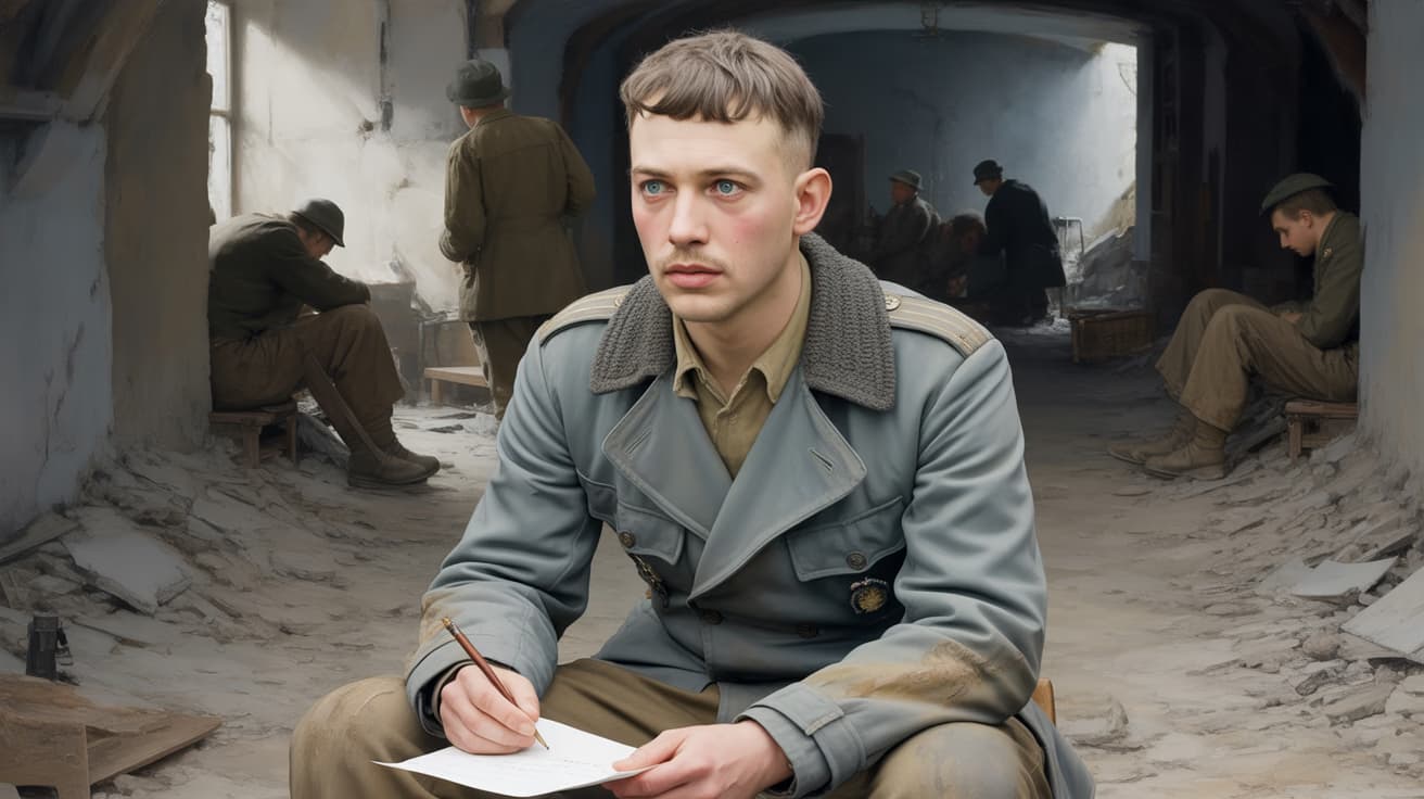 German soldier Otto Zechtig writing a letter home in a frozen Stalingrad basement