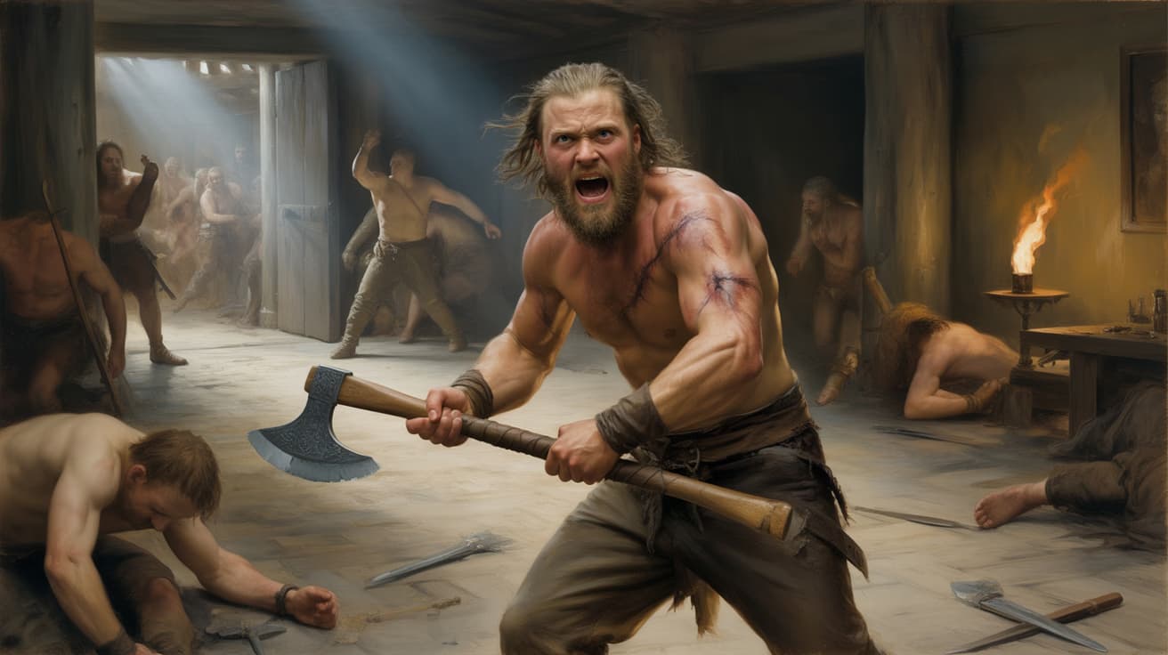 Ragnar Lothbrok fighting with axe during King Horik's massacre in Denmark