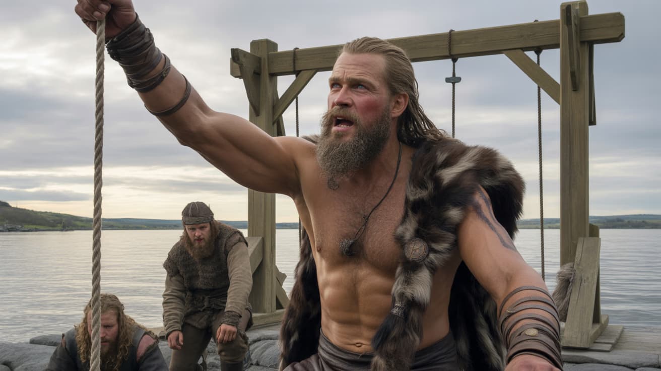 Ragnar Lothbrok standing on gallows platform performing ritual sacrifice to Odin on the Seine