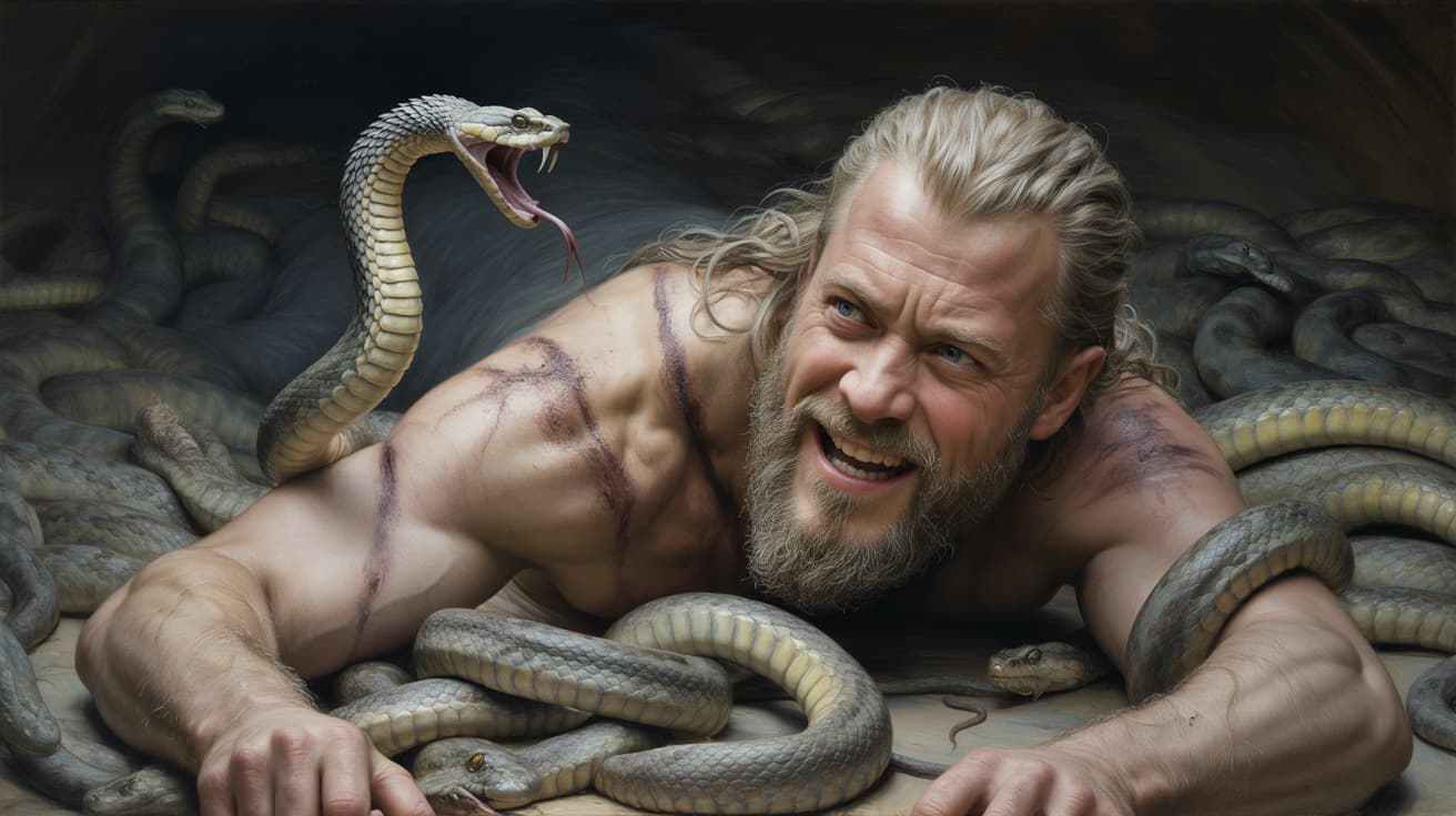 Ragnar Lothbrok laughing defiantly as snake strikes in King Aella's pit at York