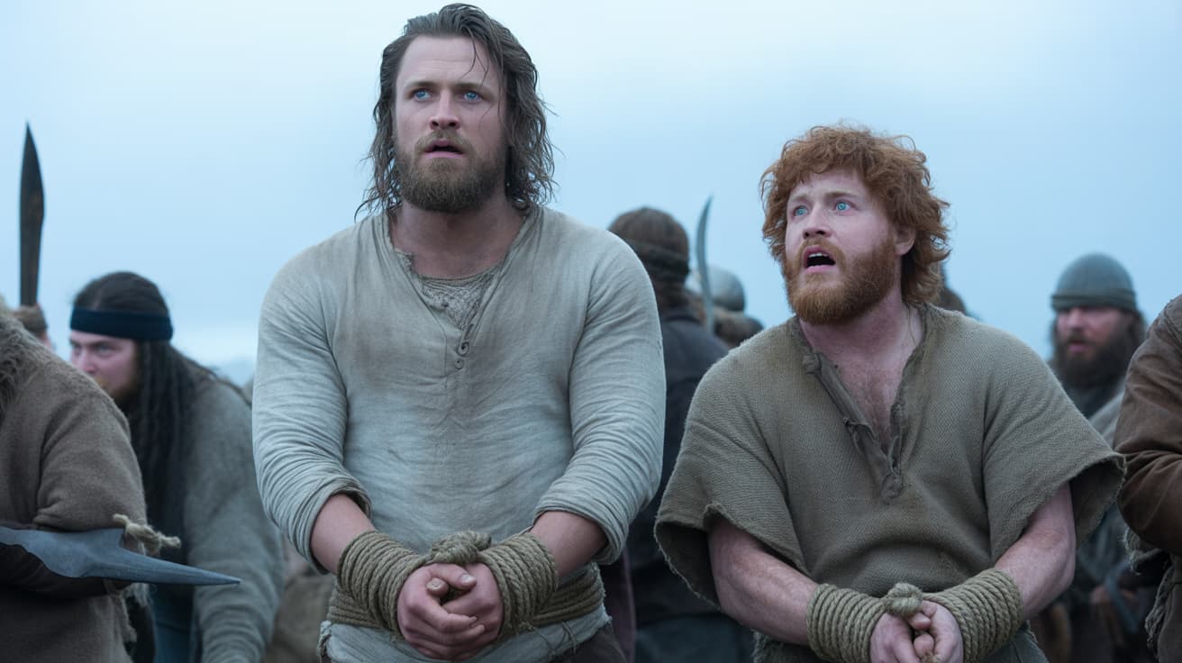 Helgi and Finnbogi bound with ropes, awaiting execution in Vinland