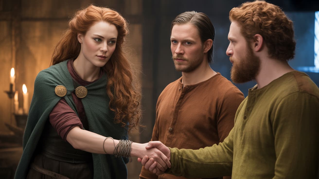 Freydis Eiriksdottir shaking hands with Helgi and Finnbogi in the great hall at Brattahlid