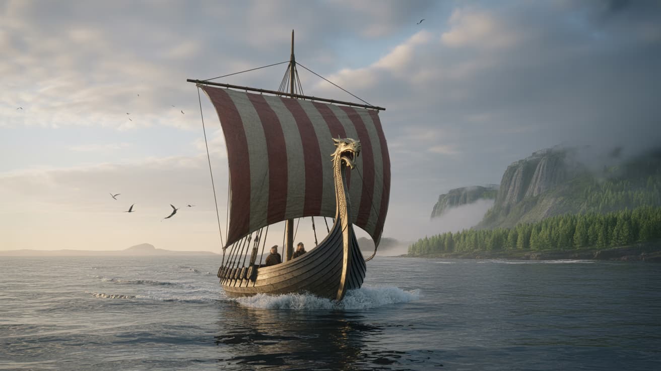 Viking longship sailing across the North Atlantic toward Vinland
