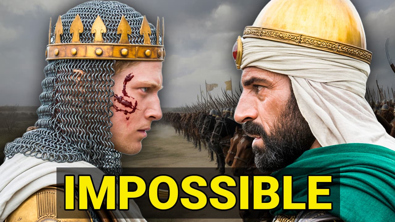 Young Baldwin IV with leprosy scarring facing Saladin in dramatic confrontation with text 'IMPOSSIBLE' and armies in the background
