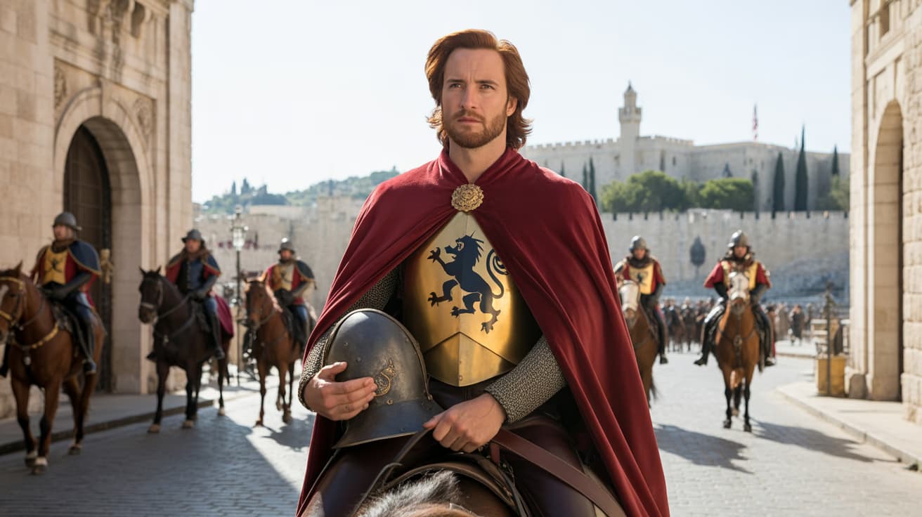 Crusader knight on horseback departing Jerusalem with cavalry