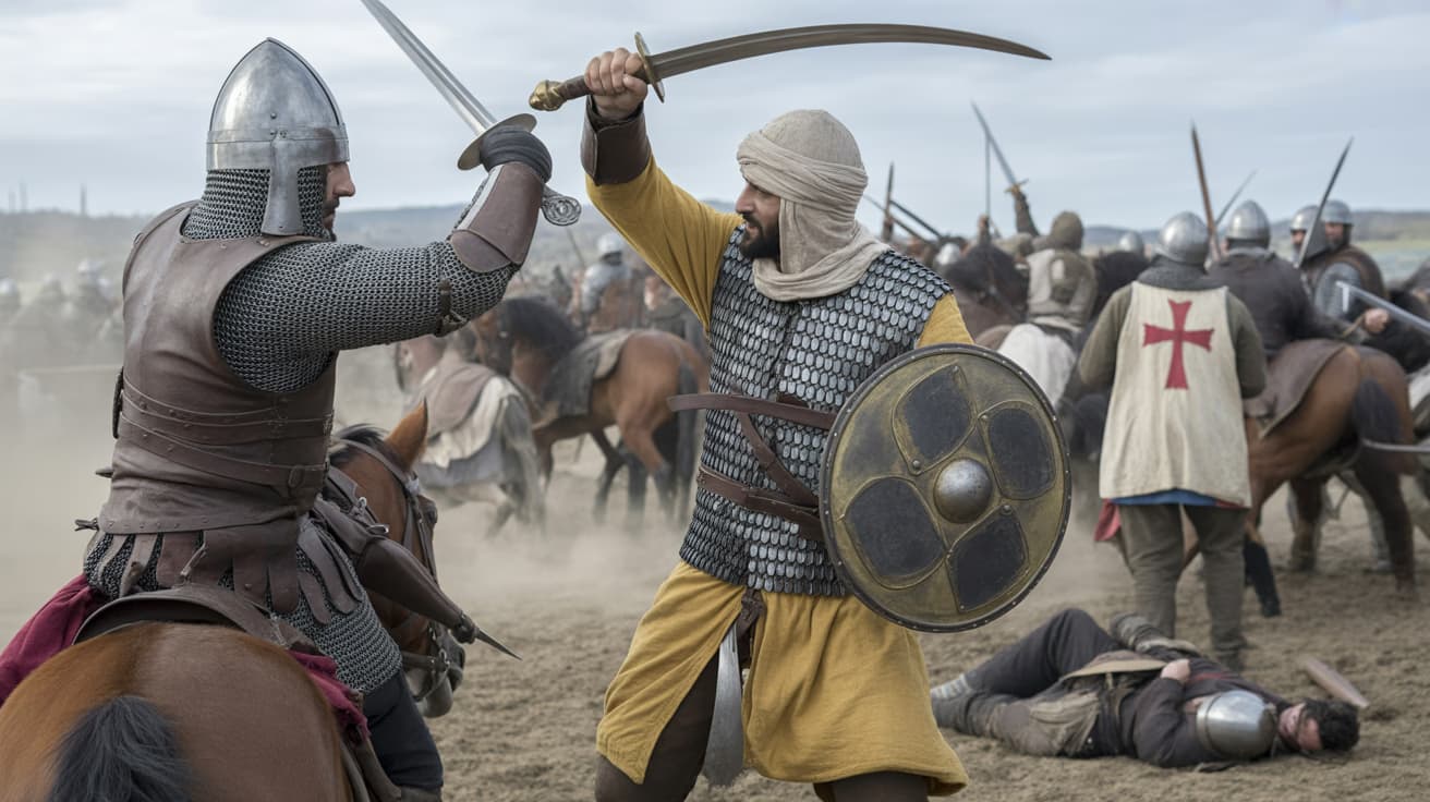 Crusader and Muslim warriors engaged in close combat with swords at the Battle of Montgisard