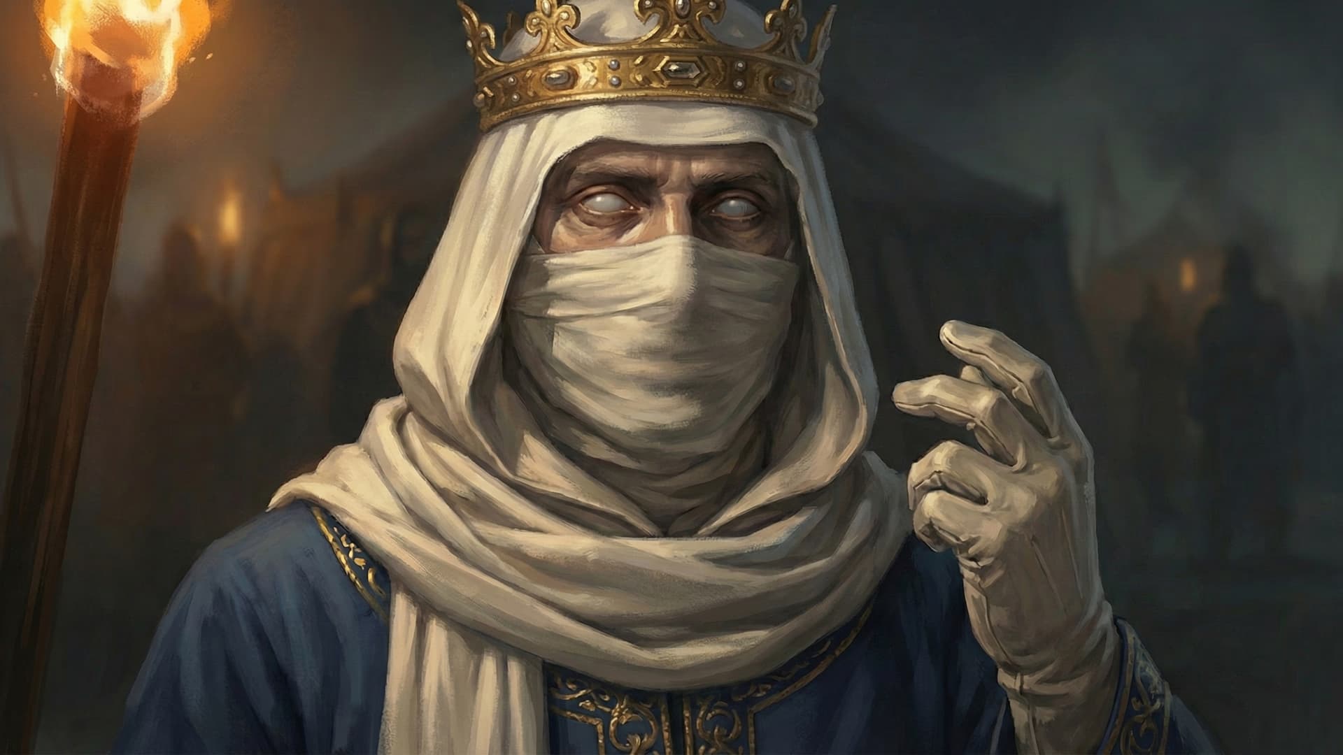 Baldwin IV, blind and wrapped in bandages, raising his hand to give orders