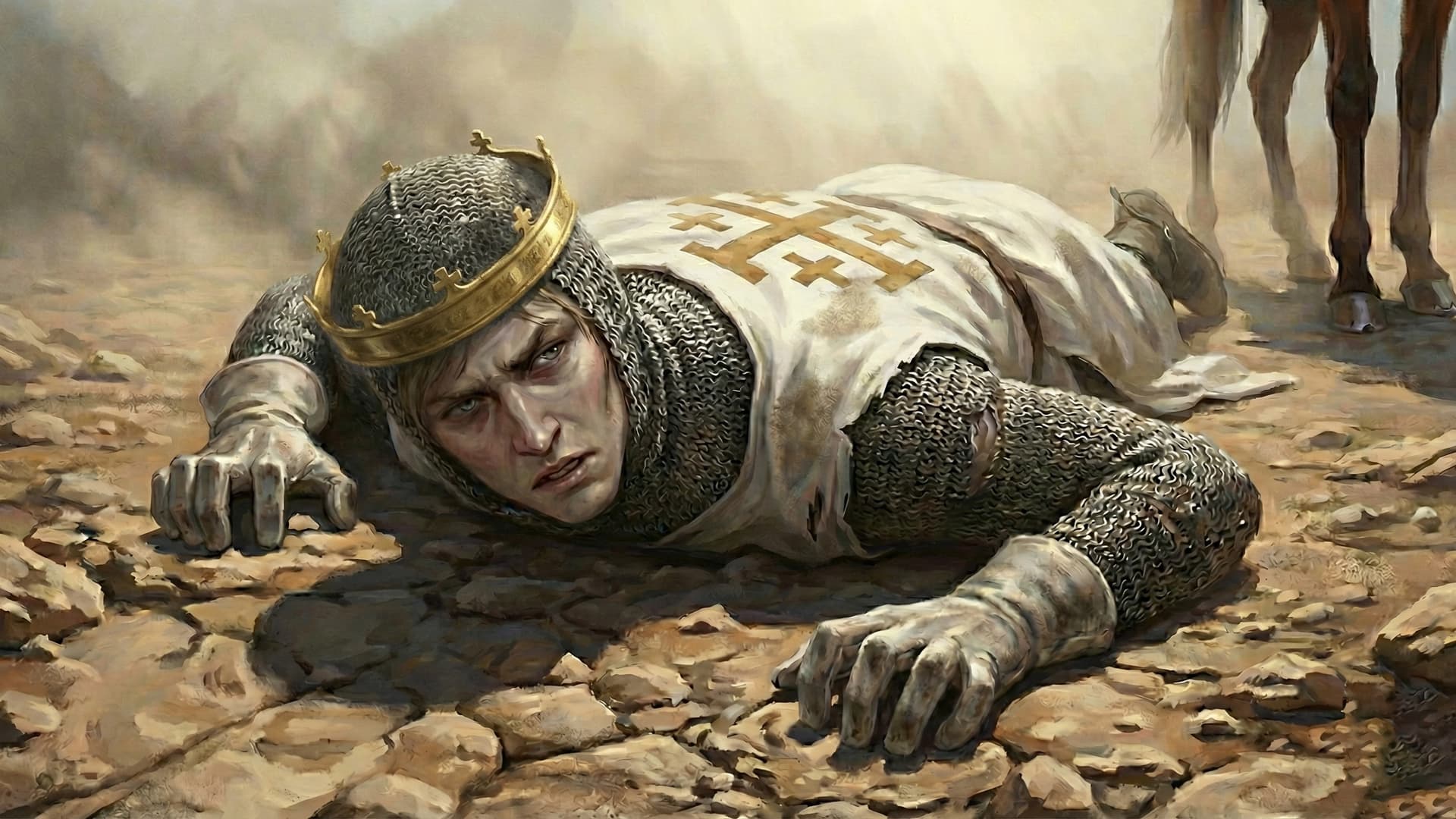 Baldwin IV fallen on the battlefield at Marj Ayyun, struggling to rise