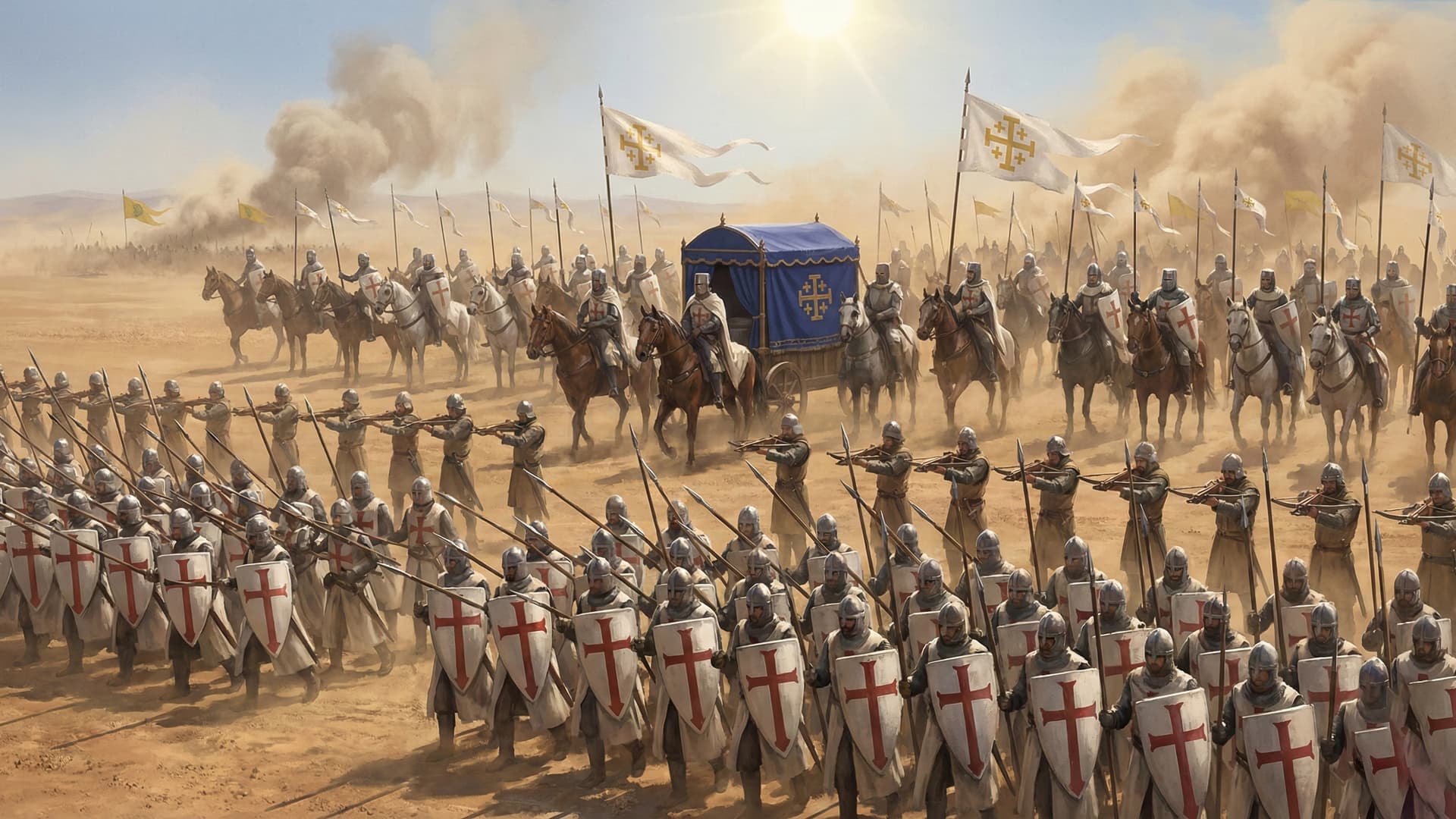 The crusader army in formation at Belvoir with Baldwin IV's litter in the center