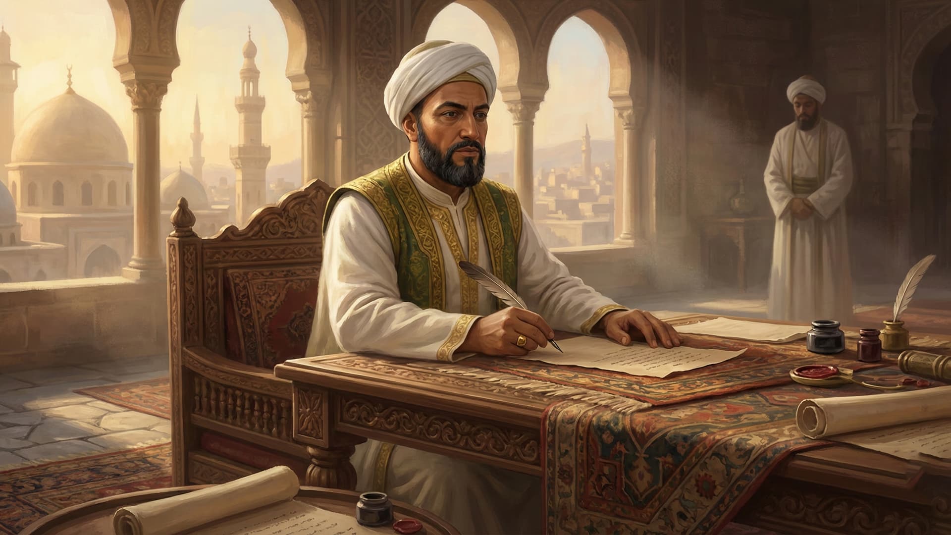 Saladin signing the truce of 1180 at his writing desk