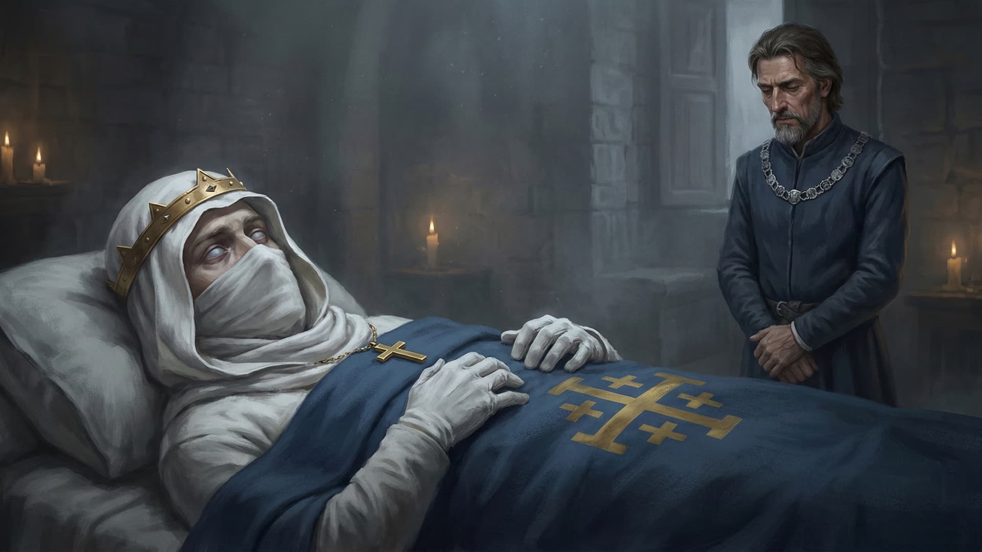 Baldwin IV on his deathbed making final arrangements with Raymond of Tripoli standing over him