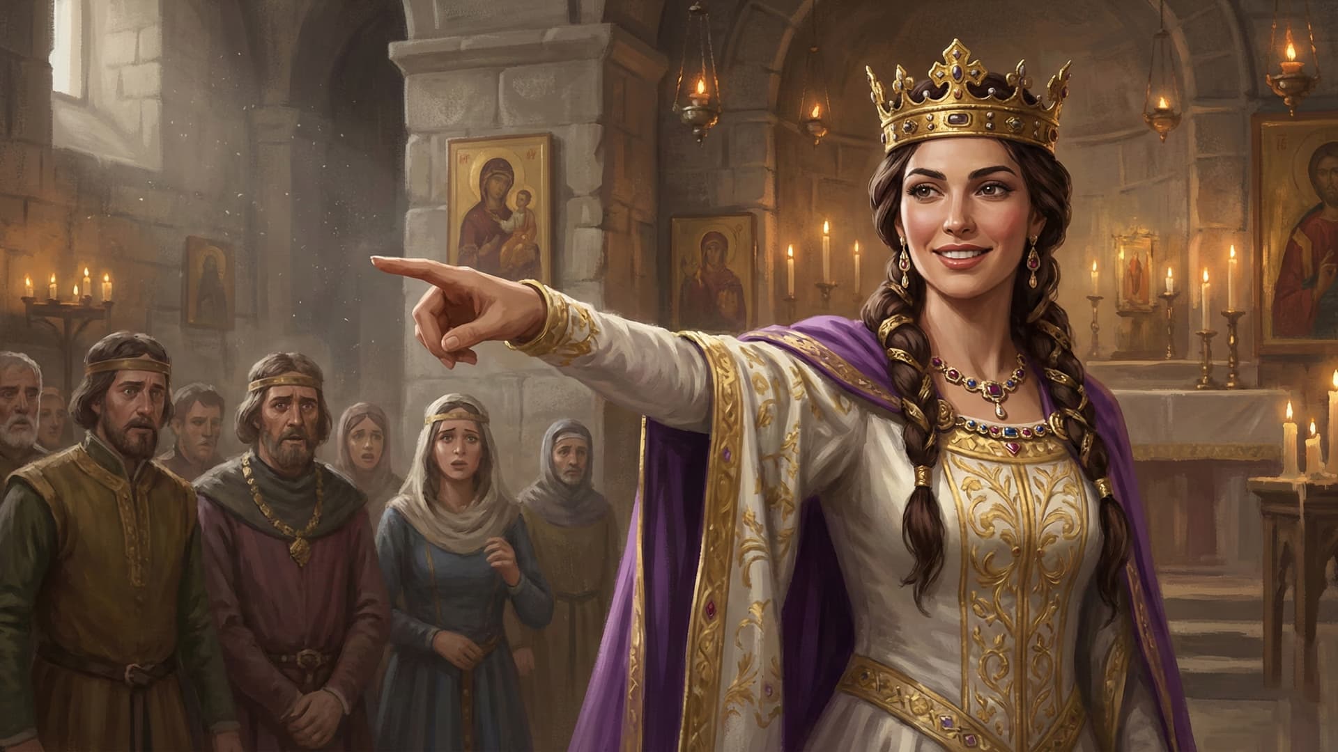 Queen Sibylla at her coronation pointing to Guy de Lusignan as her chosen king while shocked barons look on