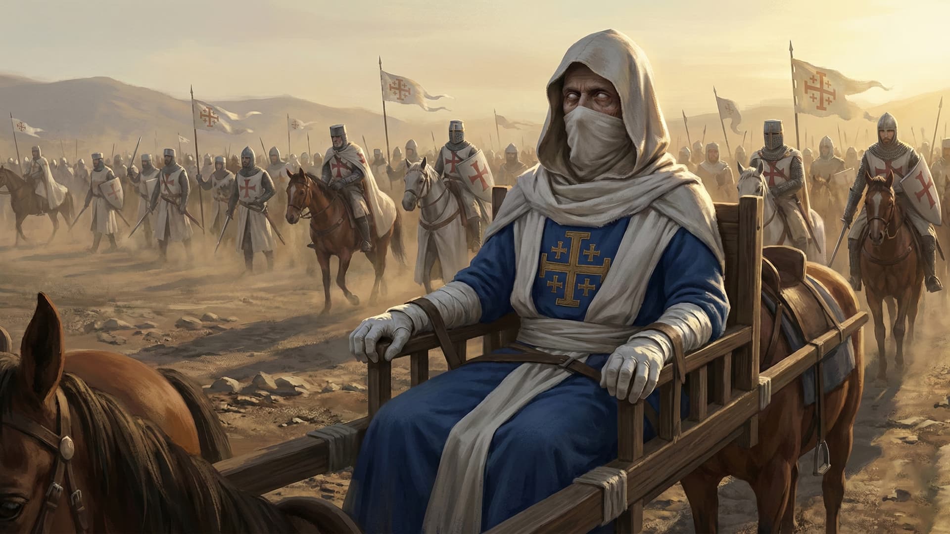 Baldwin IV, the Leper King, sits masked on a cart leading his Crusader army into battle