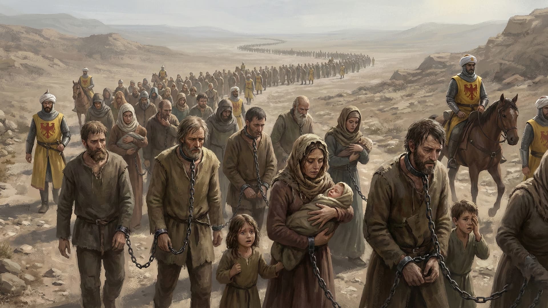 Christian men, women, and children march in chains out of Jerusalem into slavery