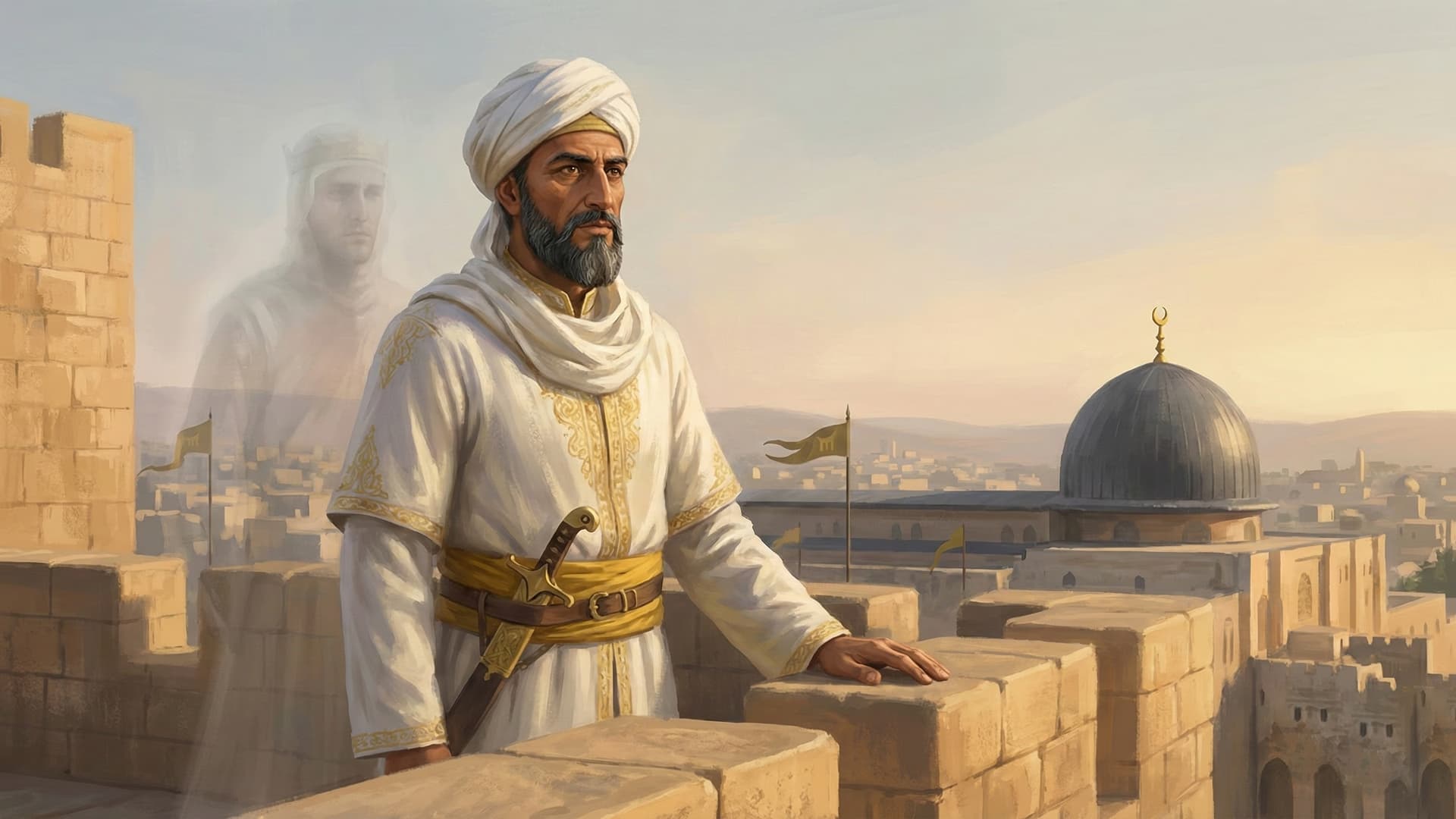 Saladin stands on Jerusalem's walls as the ghost of Baldwin IV haunts his victory