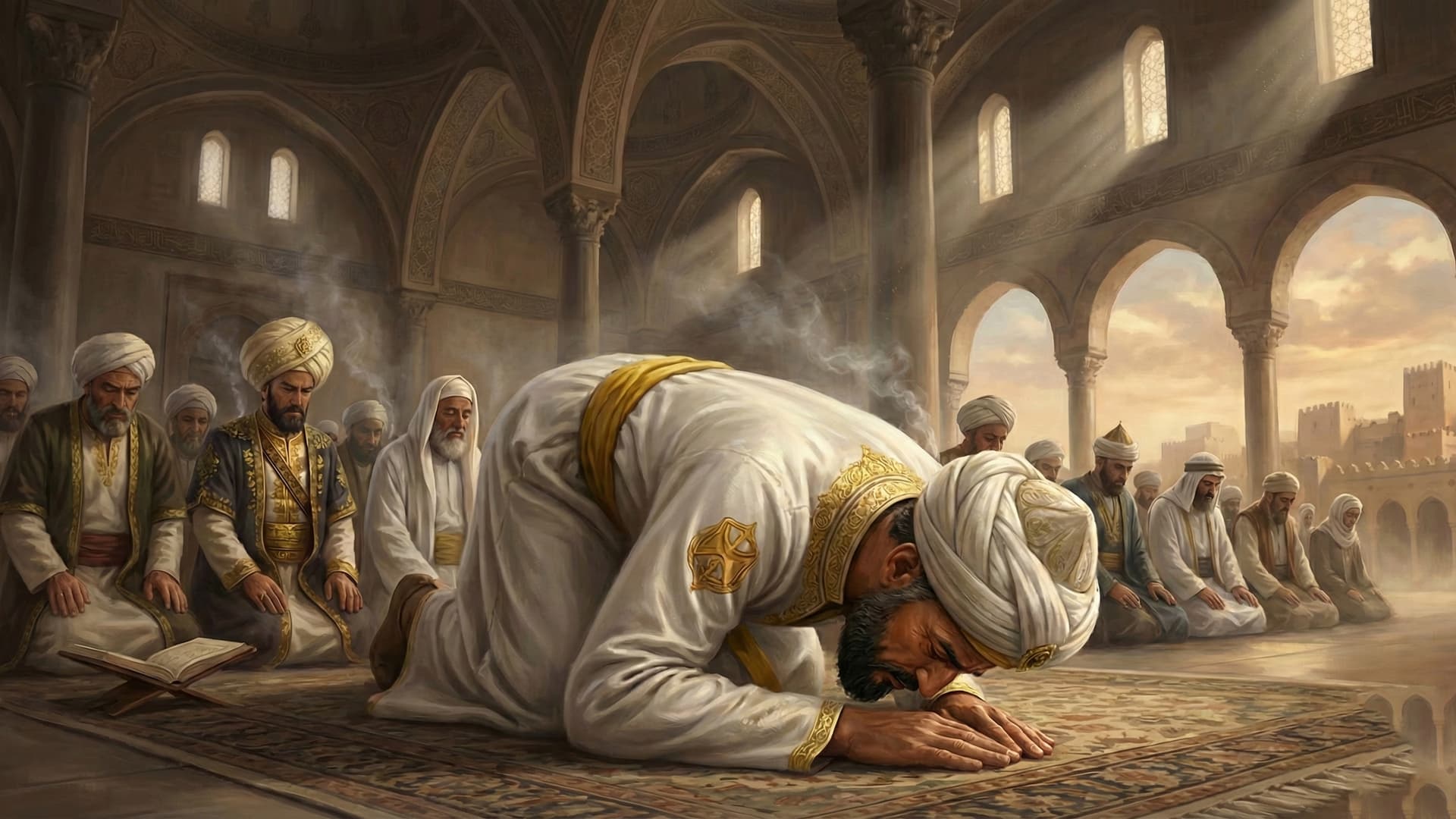 Saladin prostrates in prayer at the Al-Aqsa Mosque after reclaiming Jerusalem for Islam