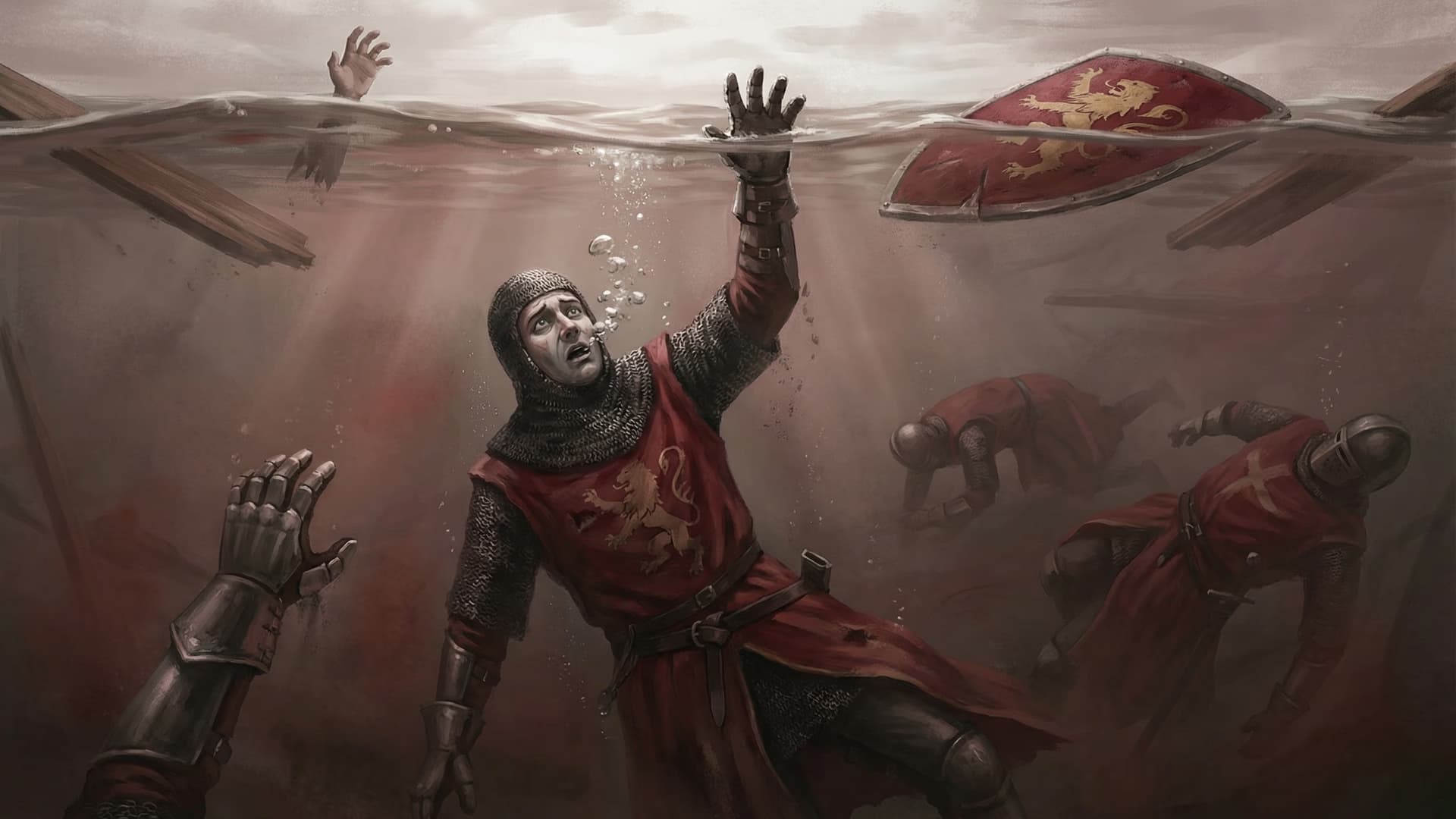 English knights drowning underwater in the River Forth, reaching desperately for the surface amid wreckage of the collapsed Stirling Bridge