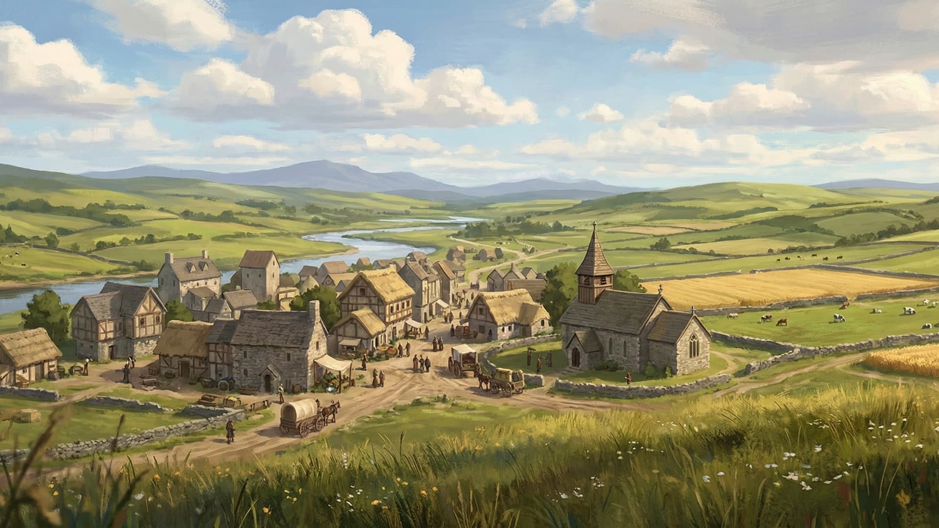 Peaceful medieval Scottish village in the highlands with rolling green hills and a church steeple