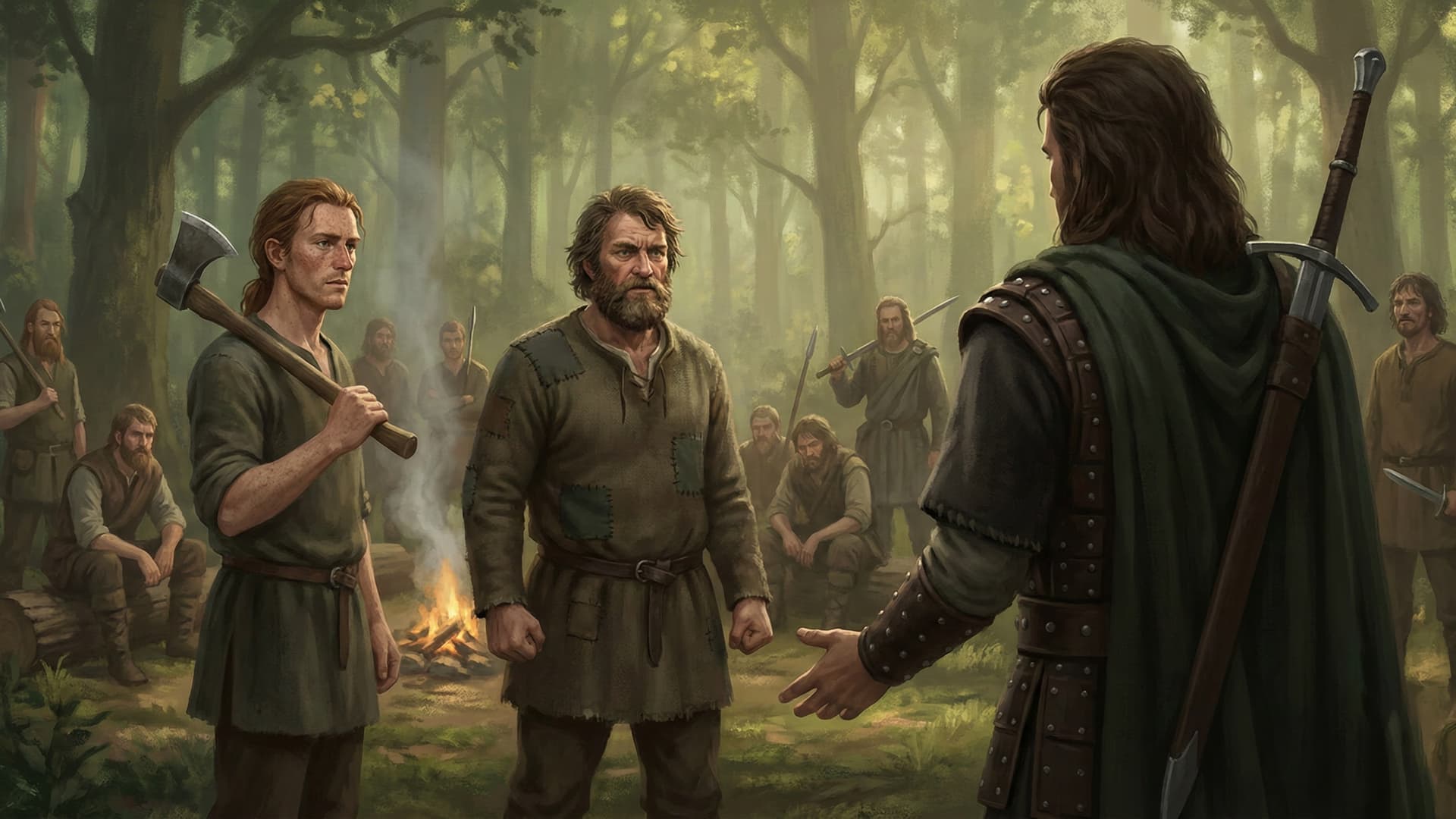 Scottish farmers and tradesmen with axes and spears meeting Wallace in the depths of Selkirk Forest