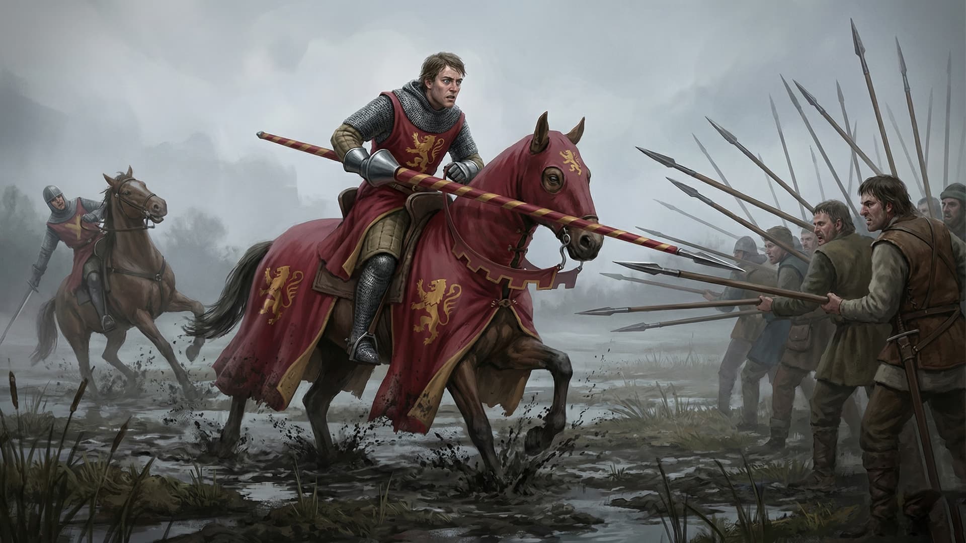 English knight on horseback charging into a wall of Scottish schiltron spears in boggy marshland