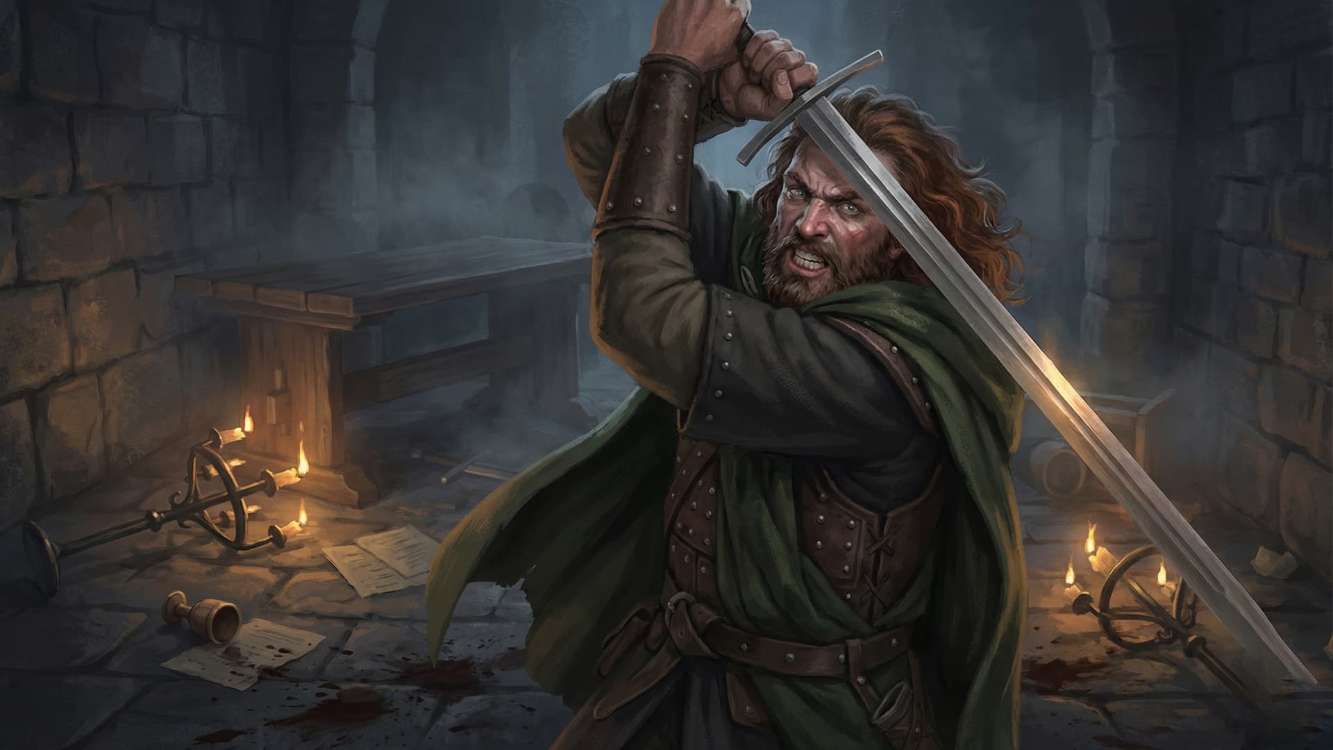 William Wallace raising his greatsword in rage inside a dark stone chamber splattered with blood