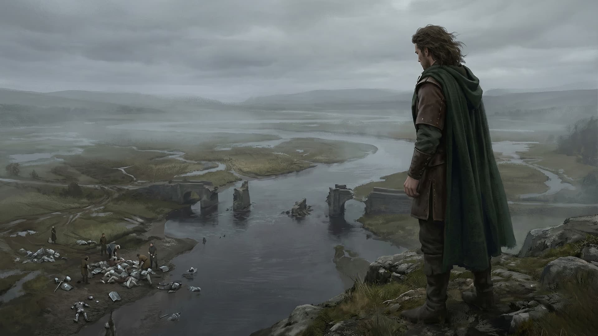 William Wallace standing on Abbey Craig overlooking the destroyed Stirling Bridge and the River Forth littered with fallen soldiers
