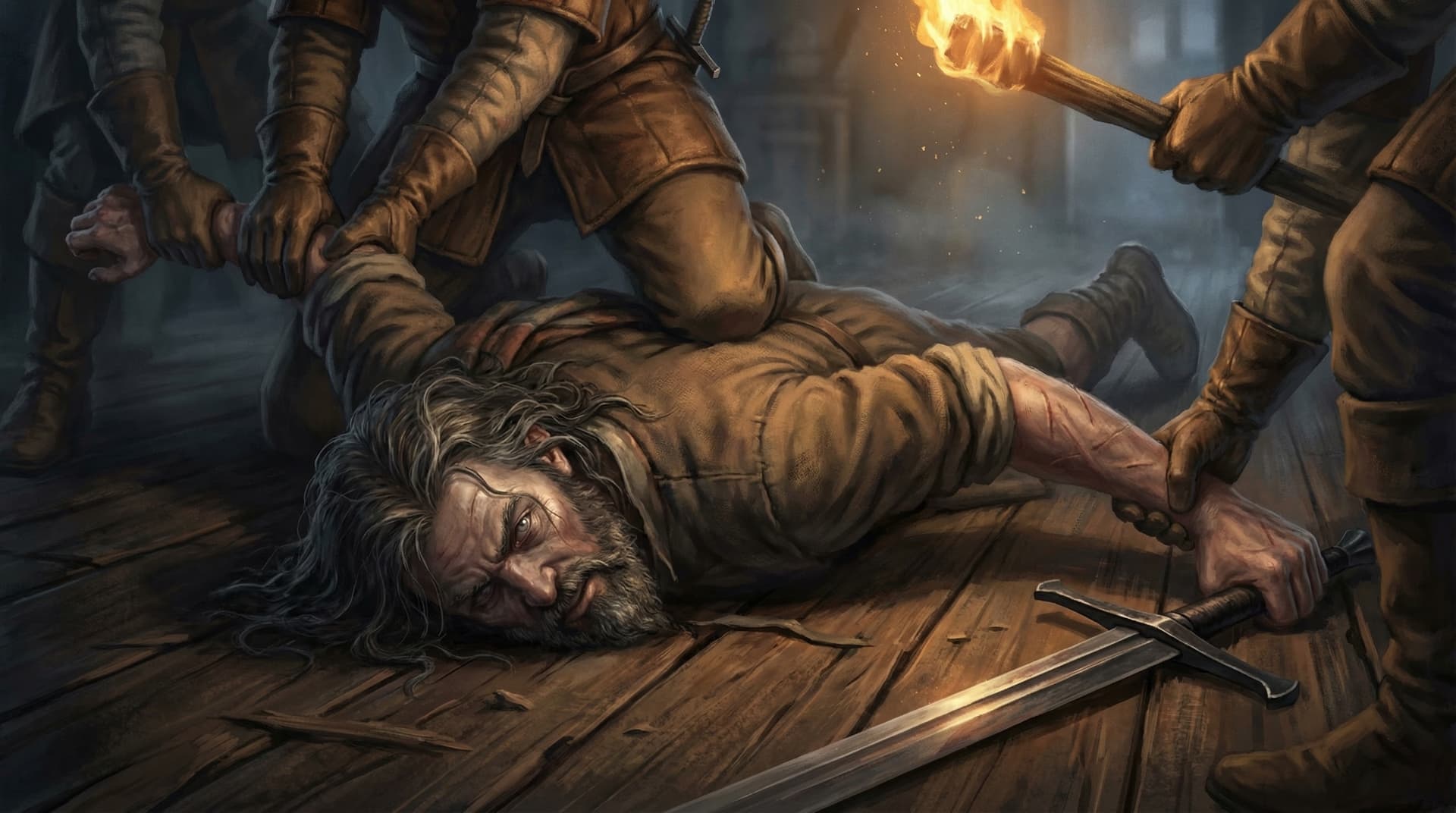 William Wallace pinned face-down on a wooden floor by soldiers with torches, his sword being pulled away from his reach