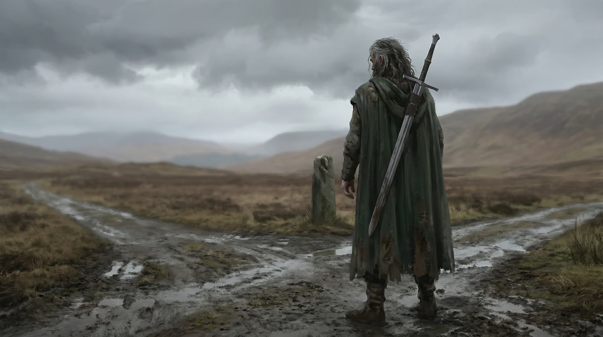 William Wallace standing alone on a muddy Scottish road with his greatsword on his back, looking into the desolate highlands