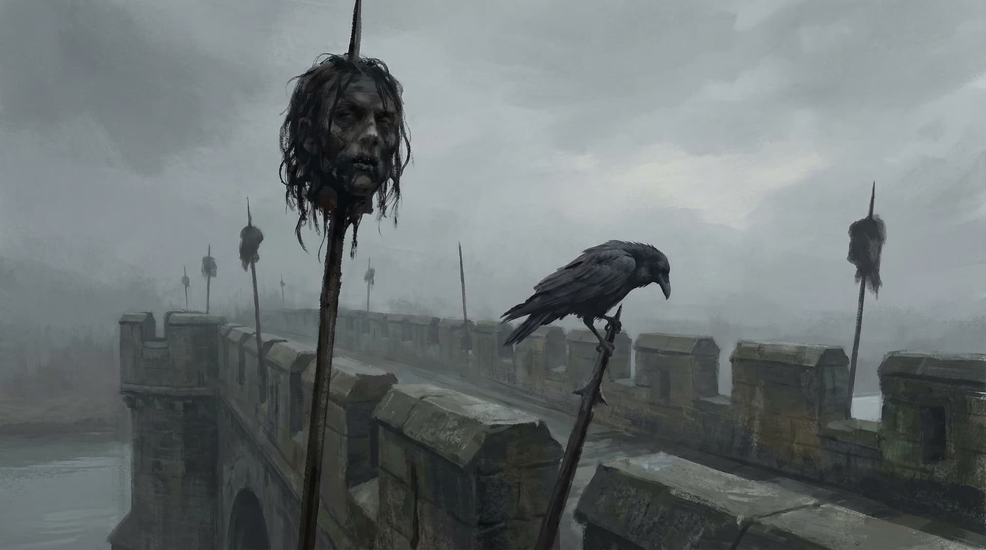 William Wallace's head mounted on a spike on London Bridge with ravens perched nearby in the fog