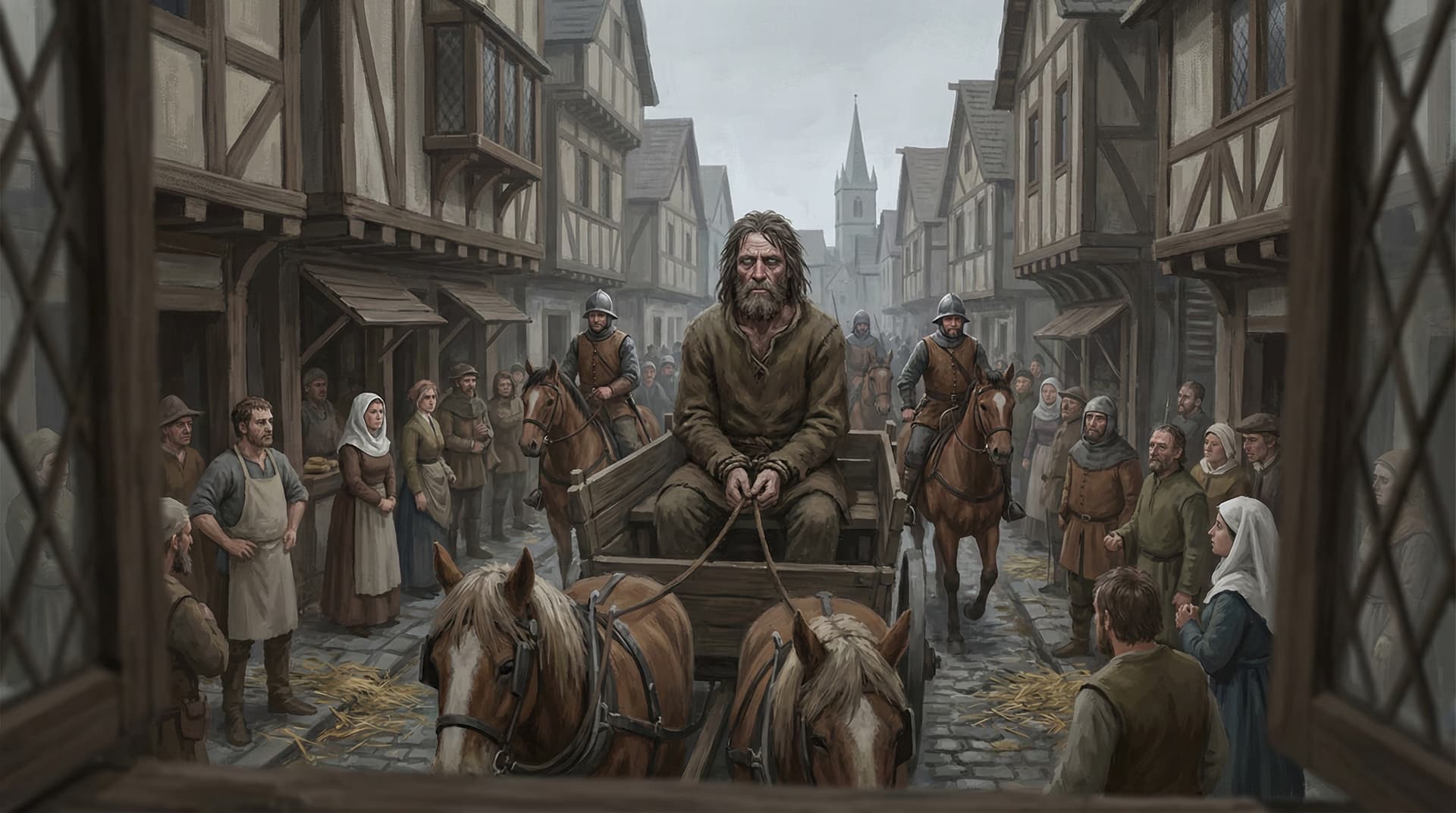 William Wallace bound in a cart being paraded through a crowded medieval town with mounted English soldiers escorting him