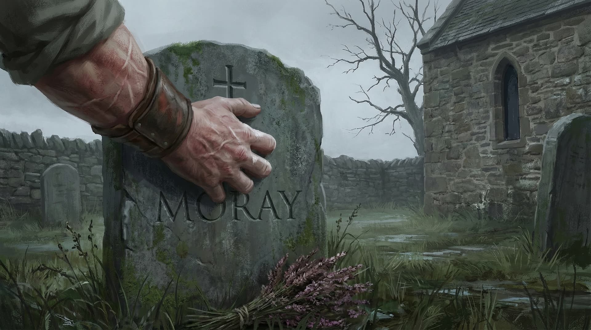 Wallace's hand resting on Andrew Moray's gravestone in a Scottish churchyard