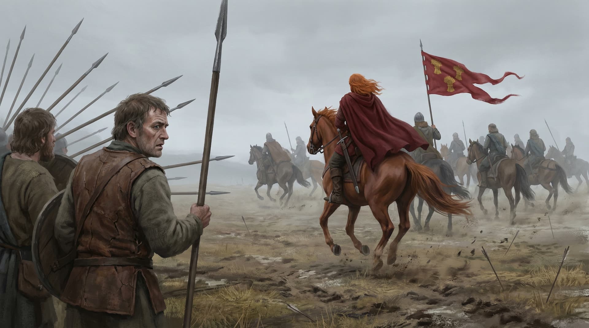 John Comyn's Scottish cavalry fleeing the Battle of Falkirk while spearmen watch in disbelief