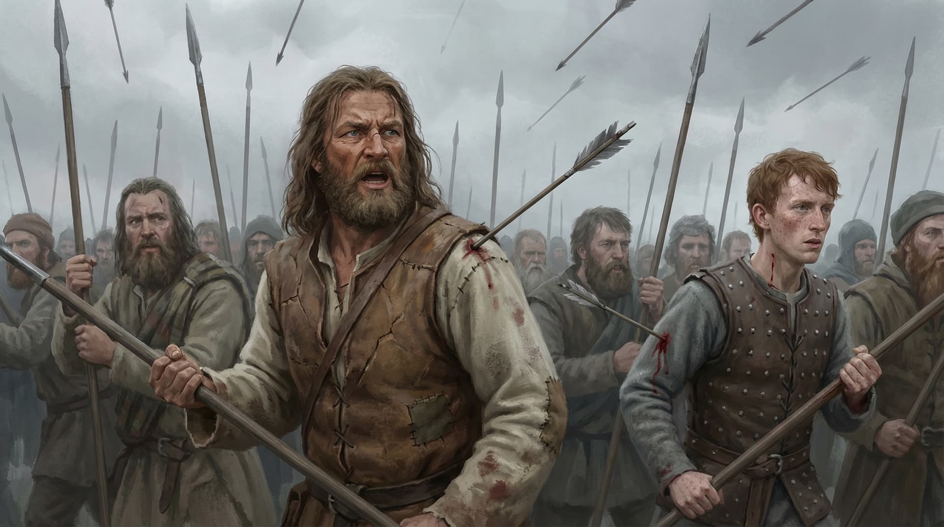 William Wallace among his Scottish spearmen as English arrows rain down at the Battle of Falkirk