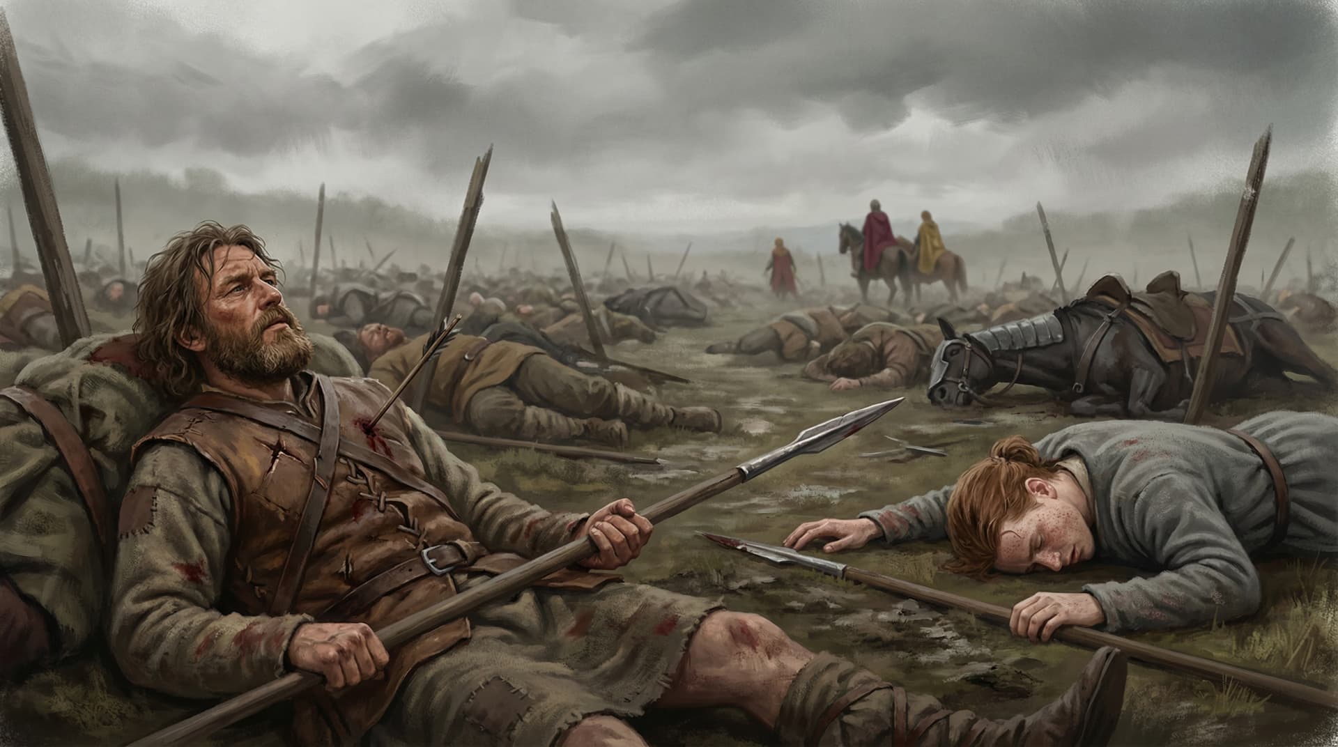 William Wallace wounded and grieving among the dead Scottish soldiers after the Battle of Falkirk
