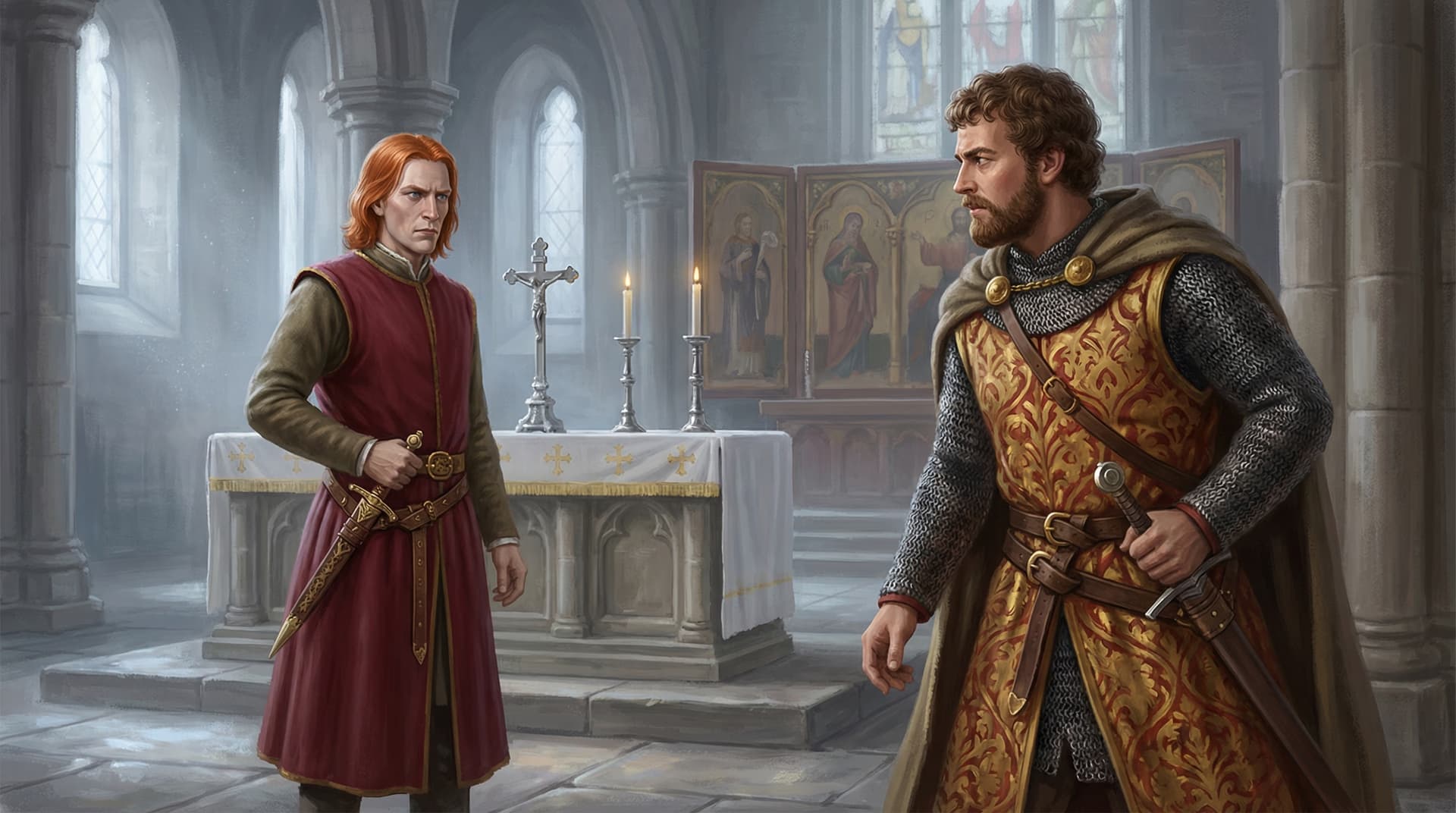 Robert Bruce and John Comyn face each other before the altar at Greyfriars Church in Dumfries