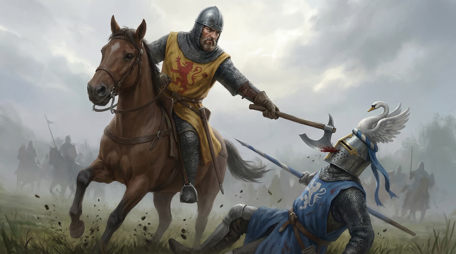 Robert Bruce on horseback splits Henry de Bohun's helmet with his battleaxe at Bannockburn