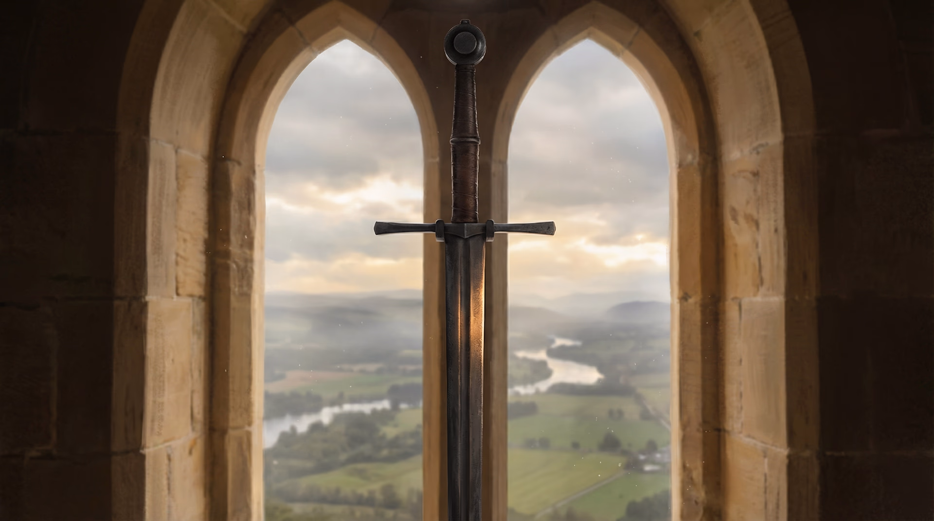 The Wallace Sword displayed in the arched windows of the National Wallace Monument overlooking Scotland