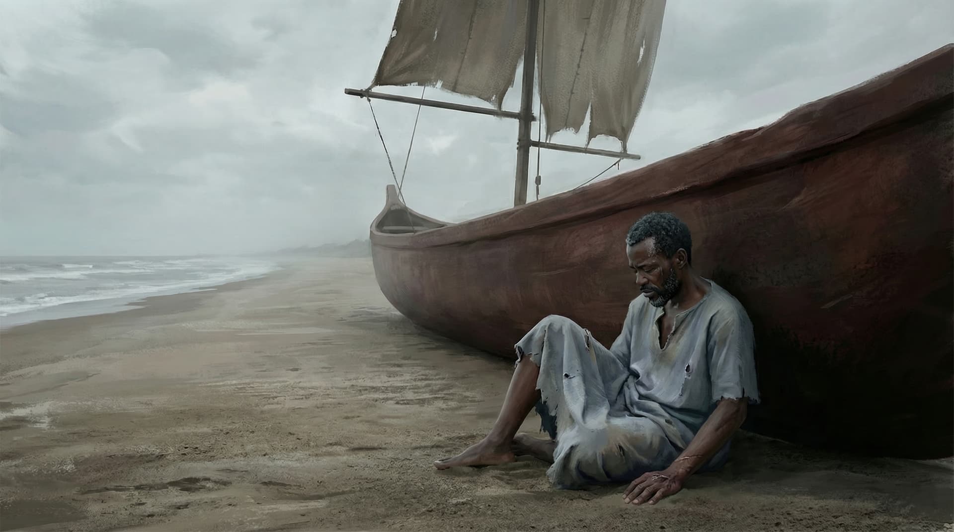 Exhausted captain sitting on a beach beside his beached ship after returning from the Atlantic expedition