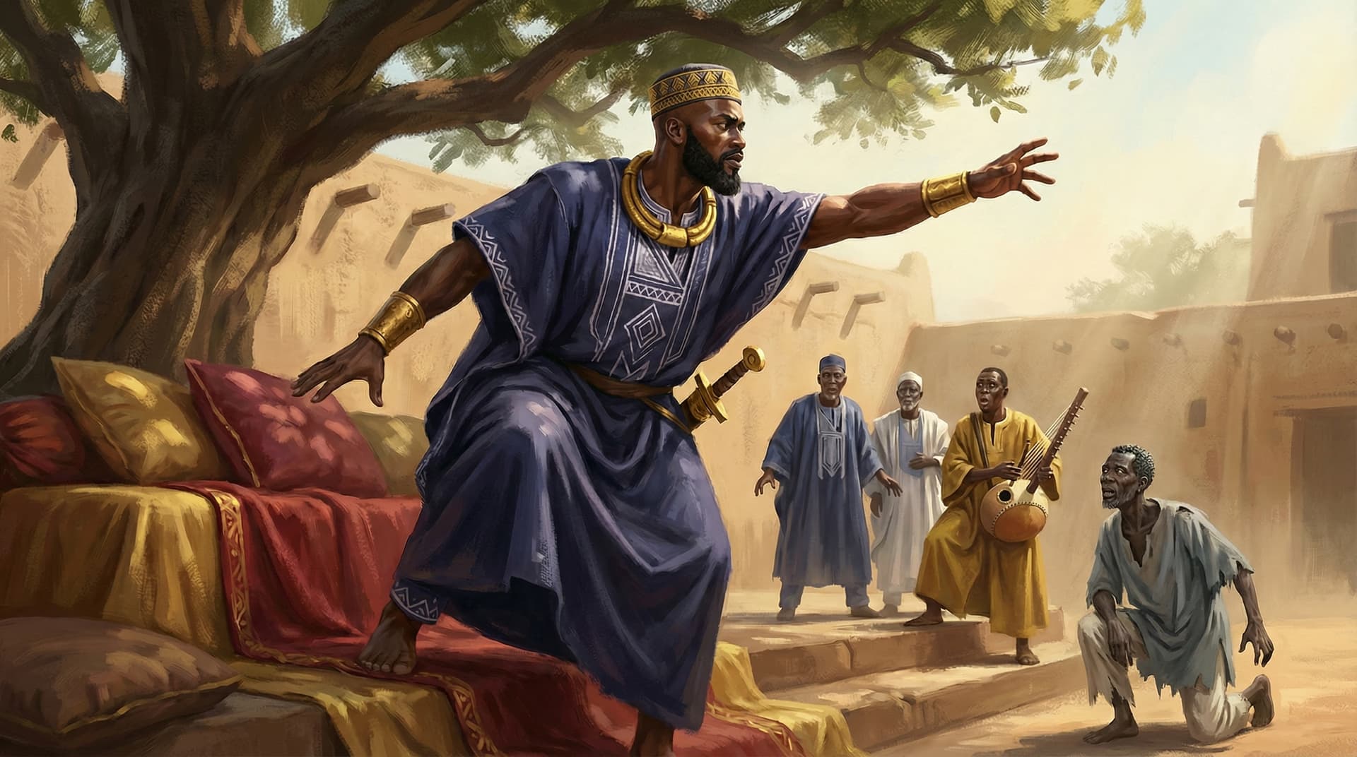 The Mali emperor rising from his throne and gesturing commandingly to his court