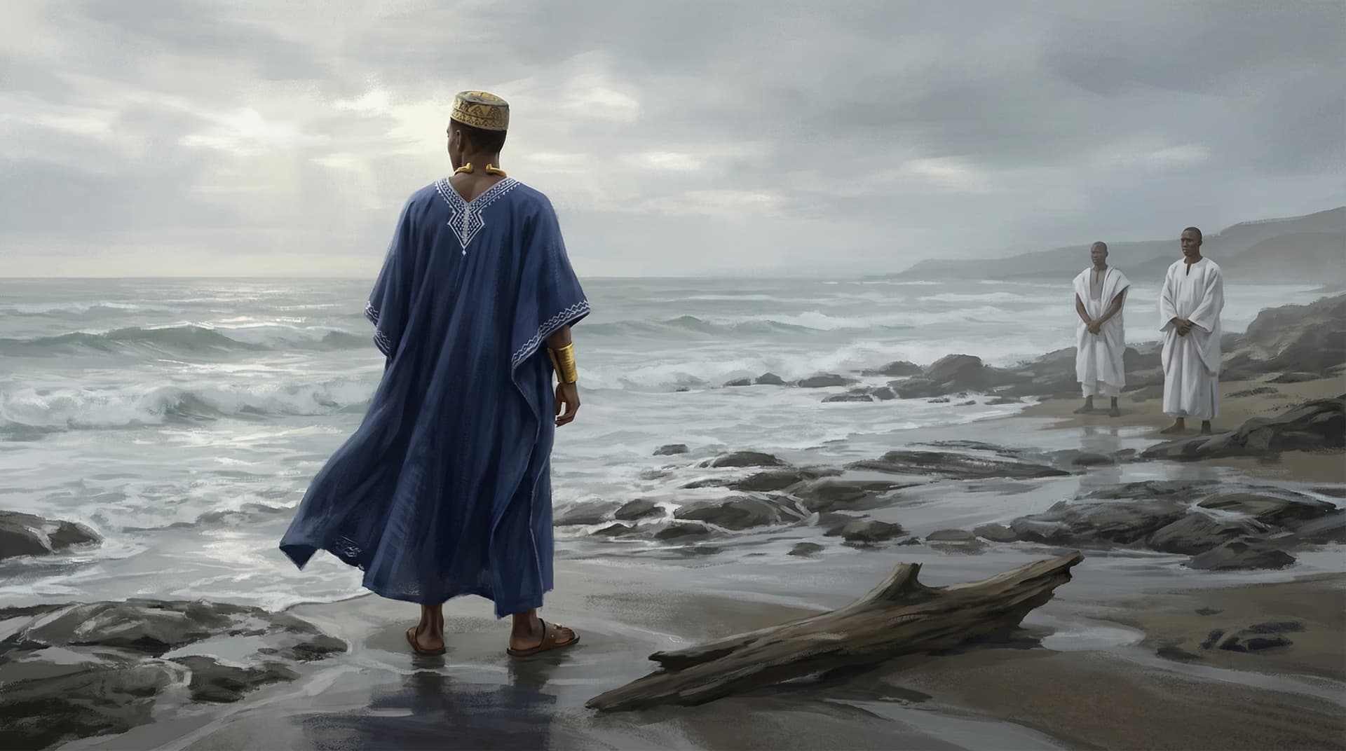 The Mali emperor in royal blue robes walking toward the Atlantic Ocean on a rocky shore with attendants watching