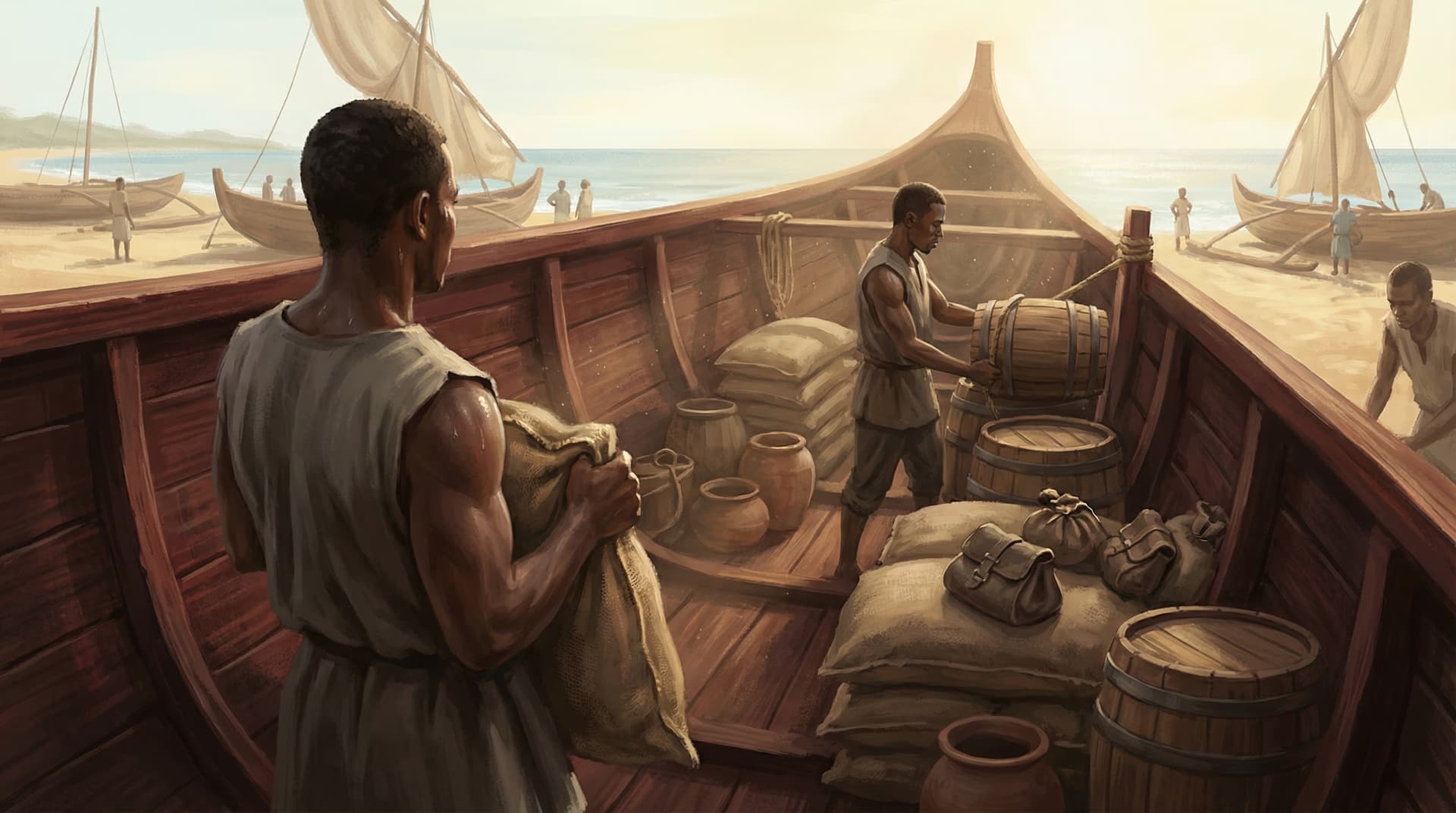 Workers loading barrels of provisions and sacks of grain onto wooden ships at a West African coast