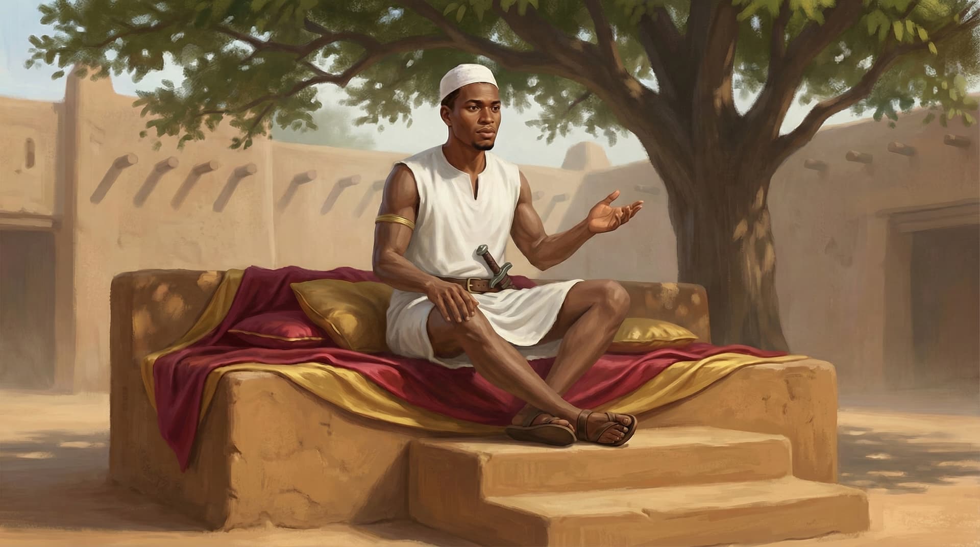 Young Musa seated on a stone throne in a Mali courtyard speaking to his advisors