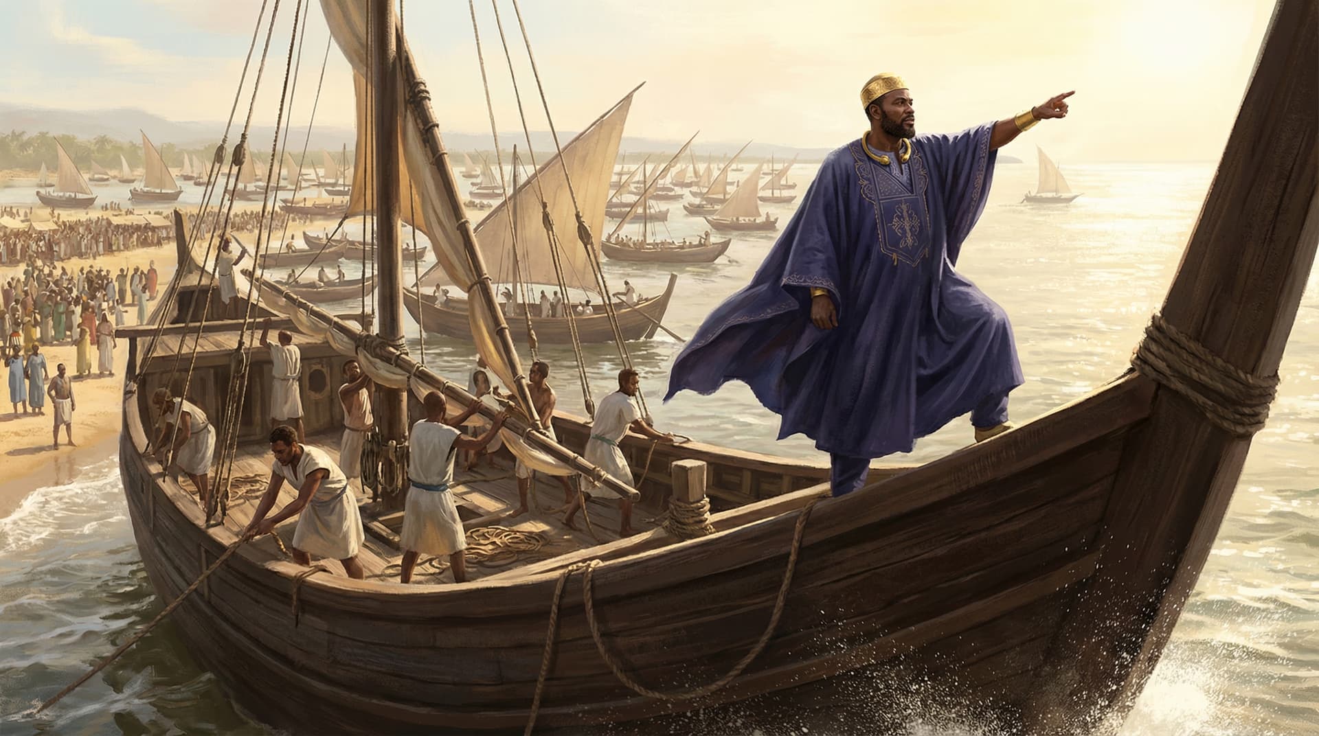 A king in flowing blue robes stands at the bow of a wooden ship pointing toward the horizon as a fleet of ships launches from a crowded West African shore