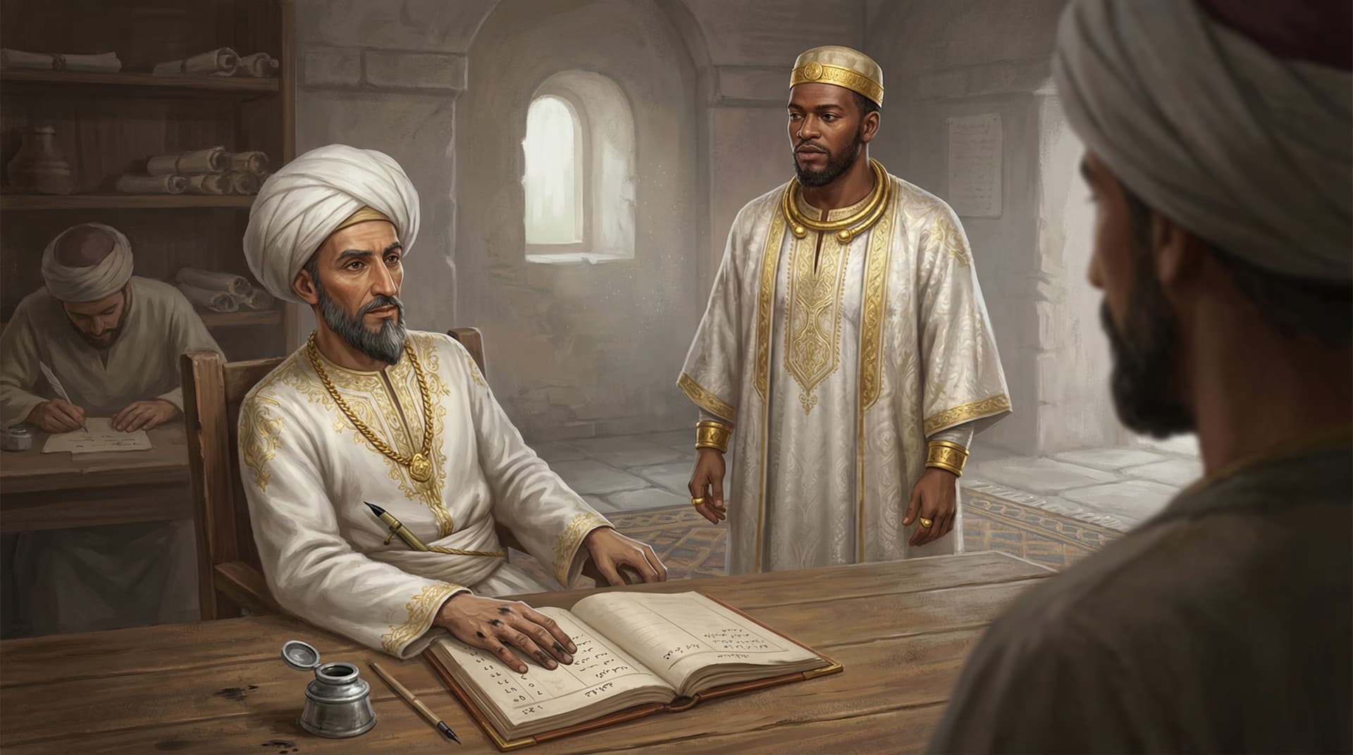 Mansa Musa standing across a desk from a Cairo moneylender who examines a ledger with an open book of accounts between them