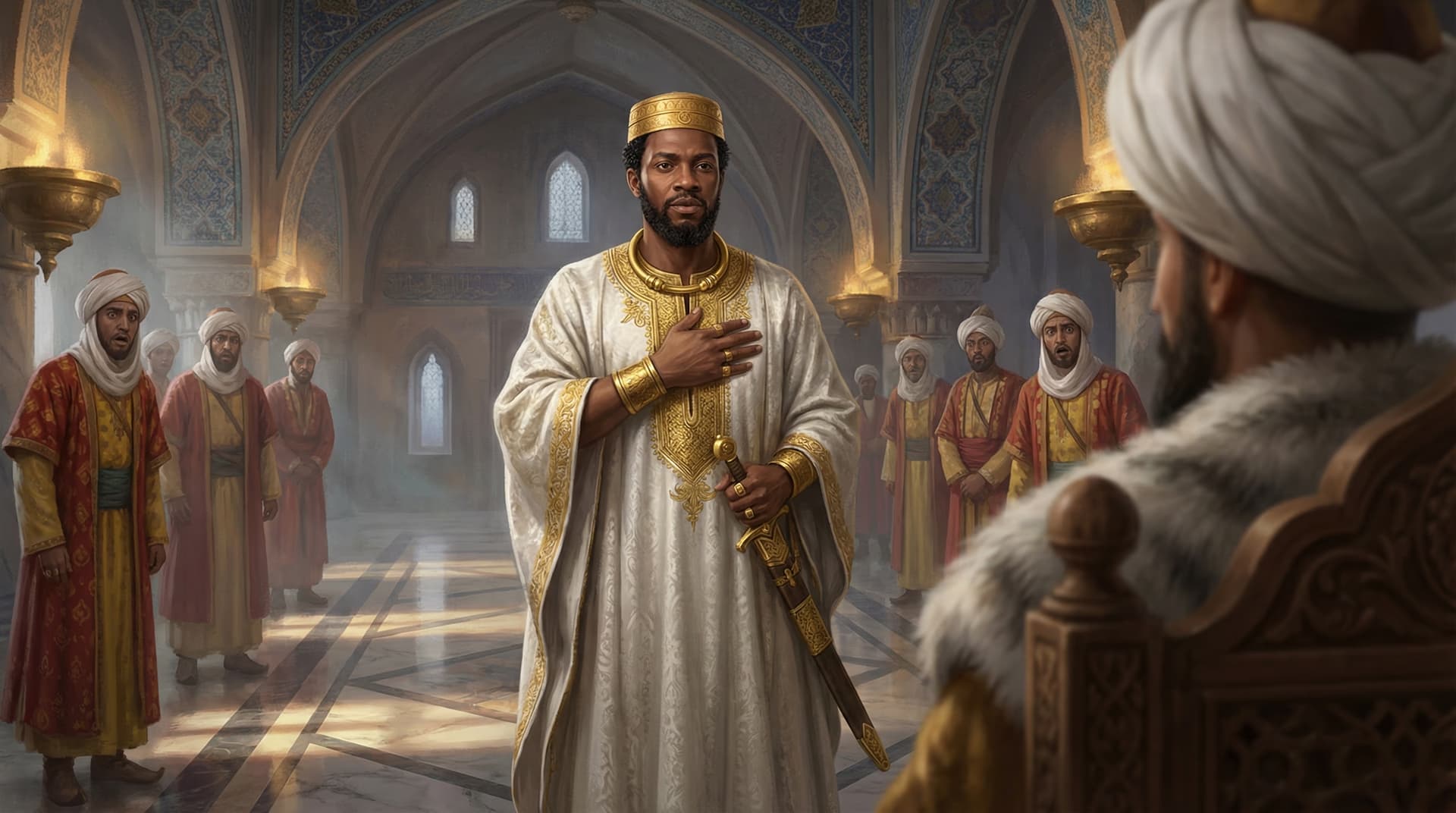 Mansa Musa standing defiantly in the Mamluk throne room with his hand over his heart refusing to bow before the sultan seated on his throne