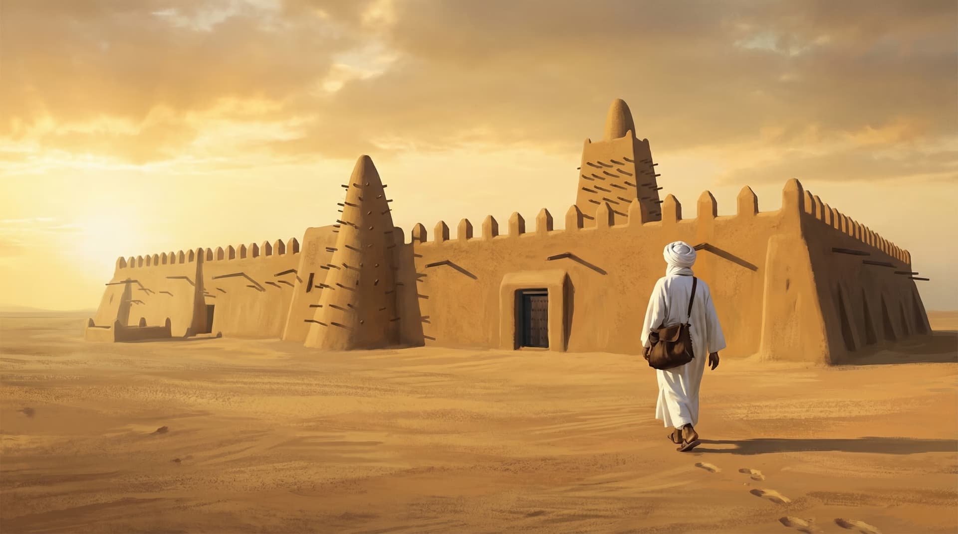 A solitary figure in white robes walking toward the Djinguereber Mosque at golden sunset with the desert stretching beyond